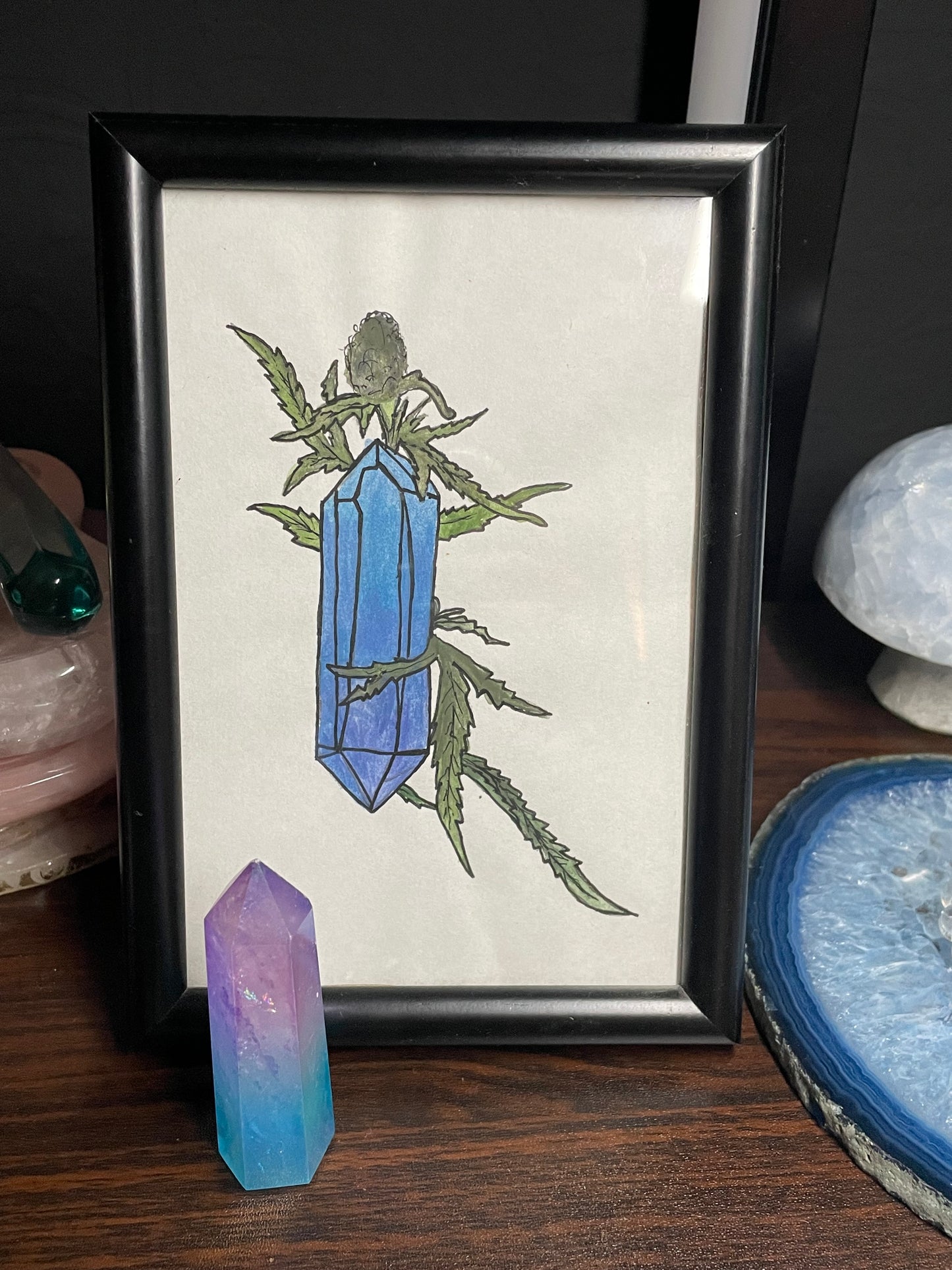 Aura Quartz Gemstone Crystal Tower & Watercolour Painting Framed Gift Set