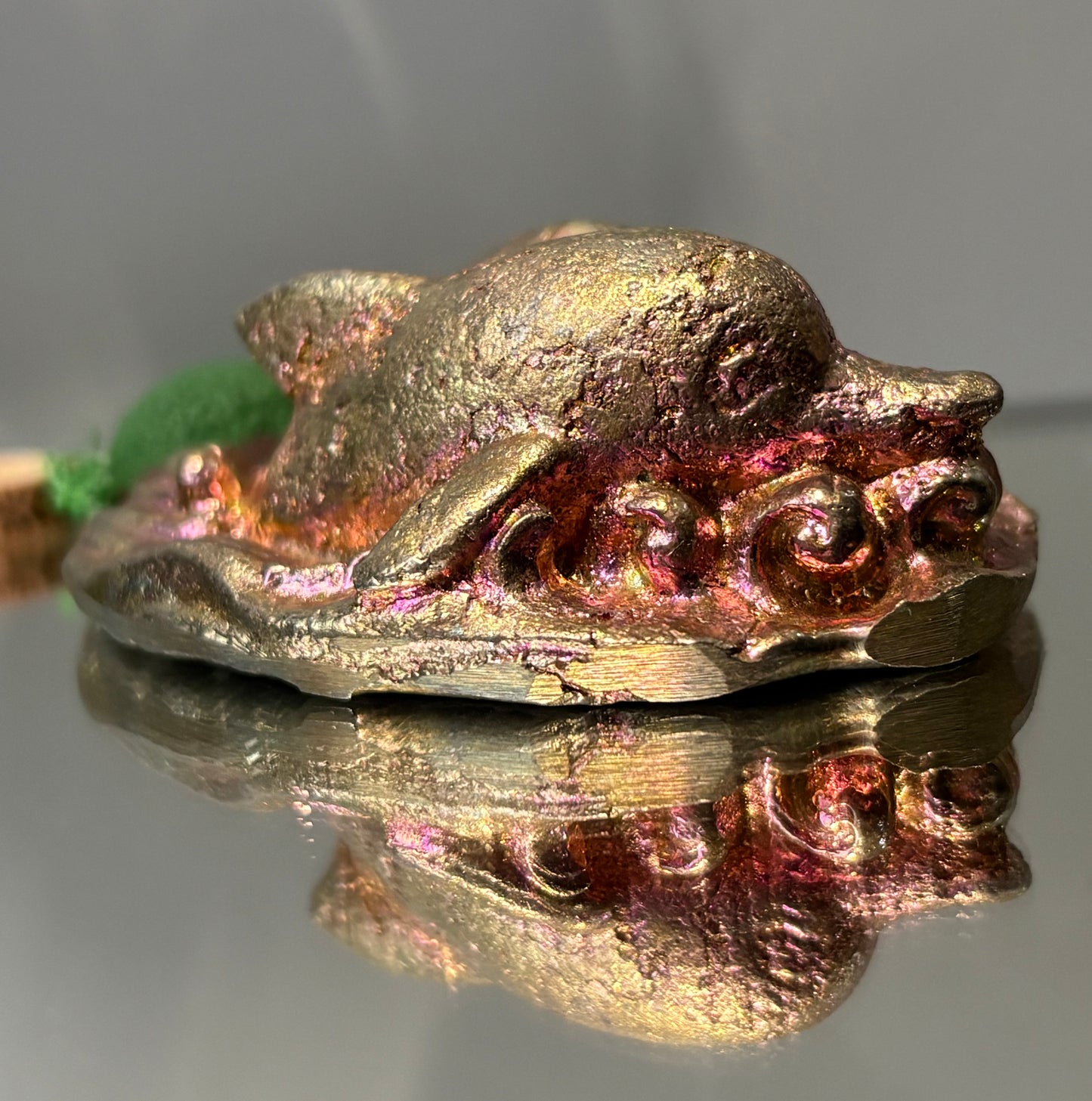 Gold Pink Bismuth Crystal Dolphin Pair Metal Art Sculpture