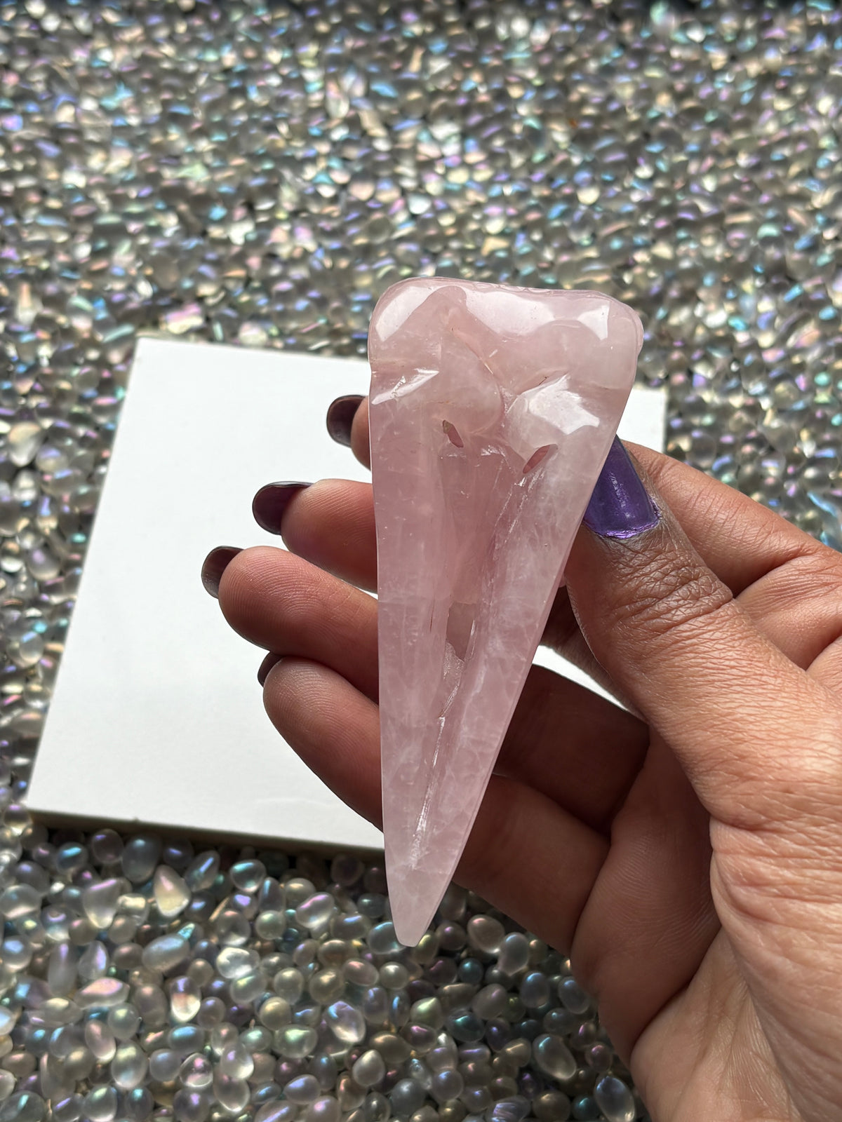 Rose Quartz Gemstone Crystal Raven Skull Carving - Large