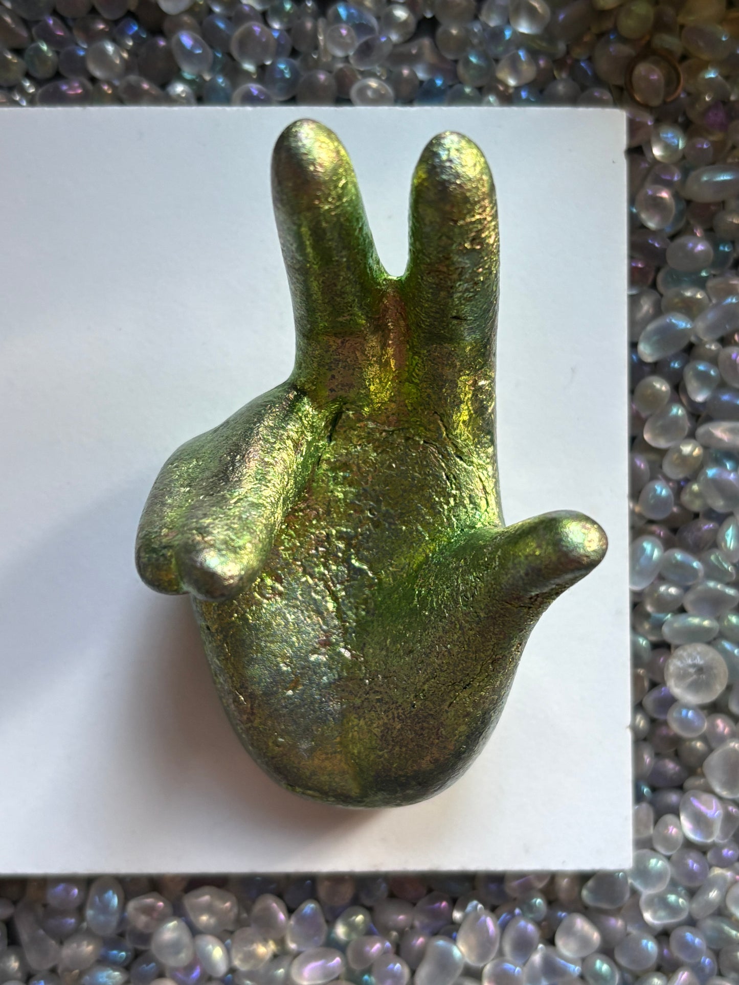 Green Bismuth Crystal Hand Sphere Holder Metal Art Sculpture