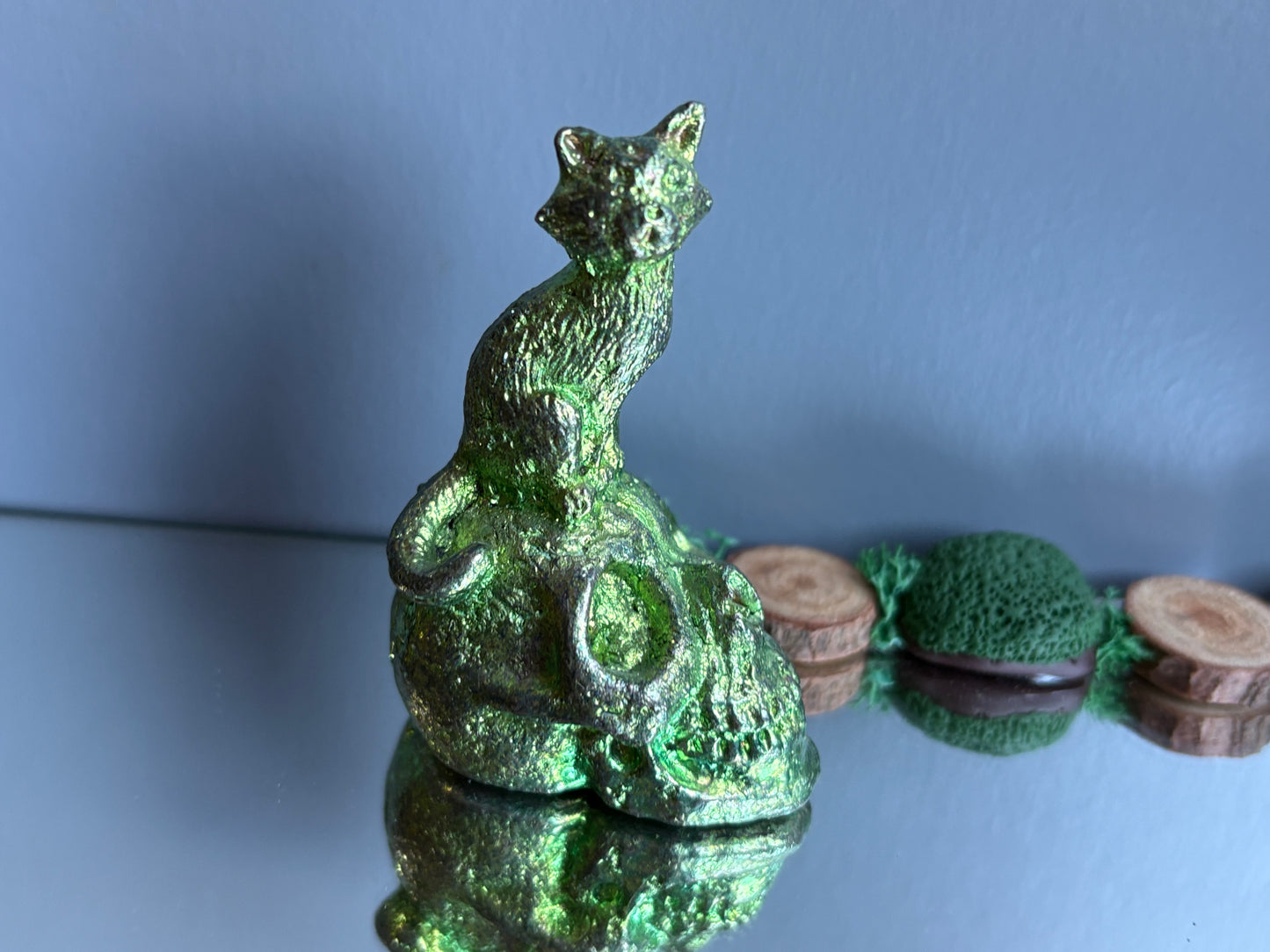 Green Bismuth Crystal Cat on Skull Metal Art Sculpture