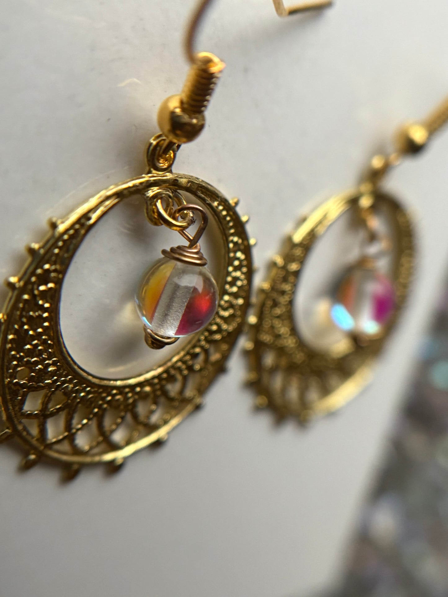 Angel Aura Quartz Crystal Gemstone Gold Filigree Hoop Earrings