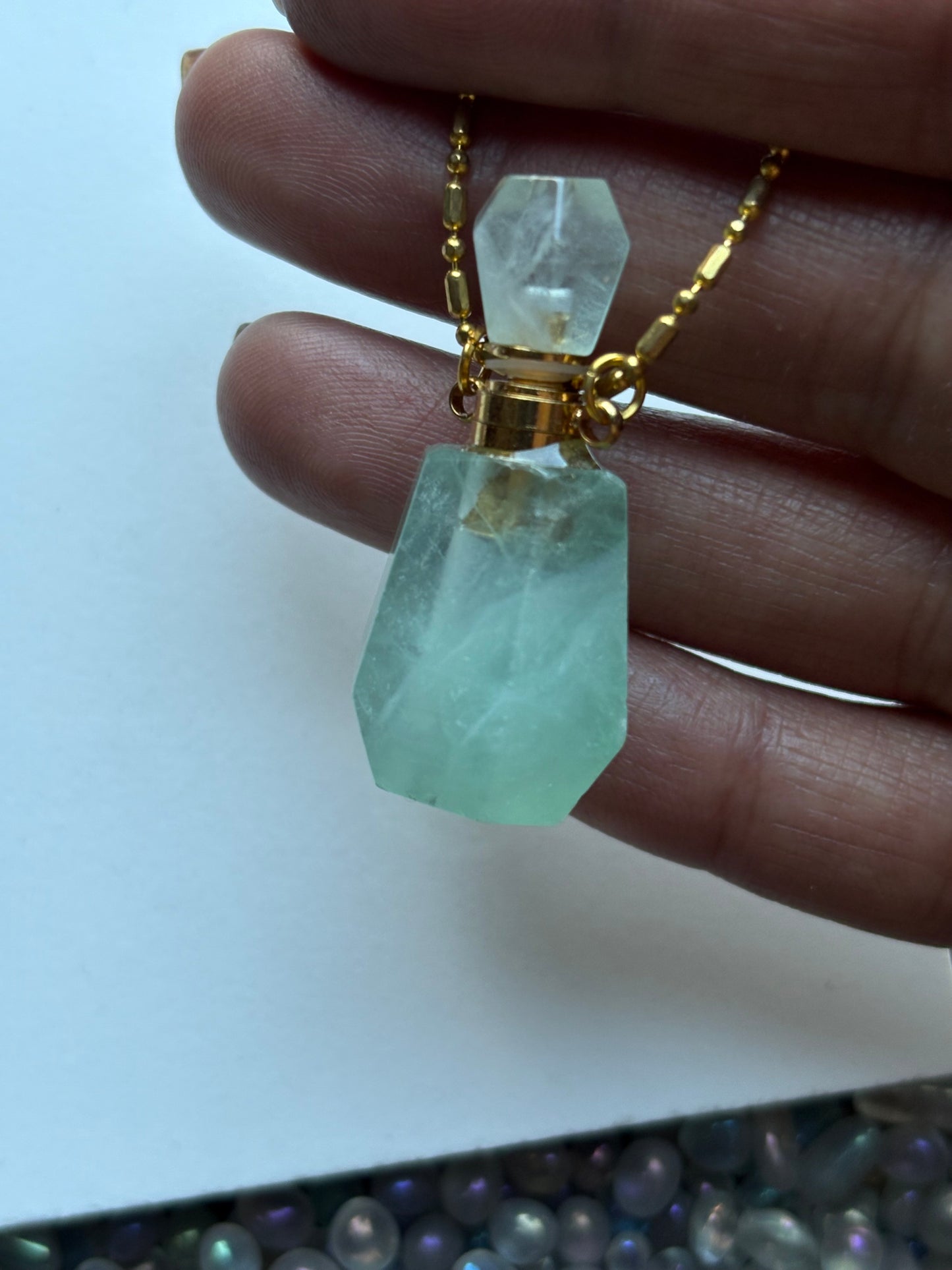 Fluorite Crystal Gemstone Aromatherapy Perfume Bottle Pendant Necklace