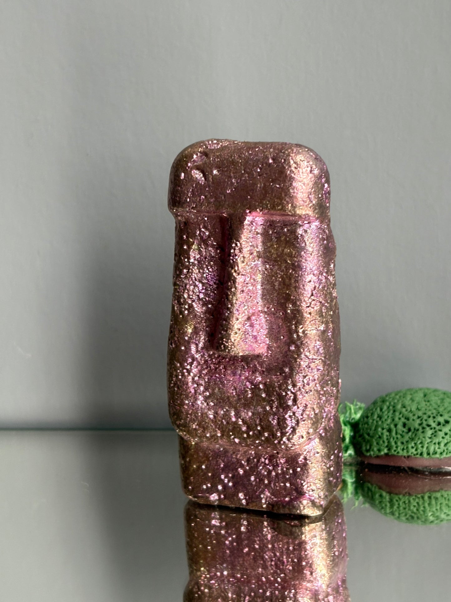 Pink Bismuth Crystal Moai Head Easter Island Metal Art Sculpture