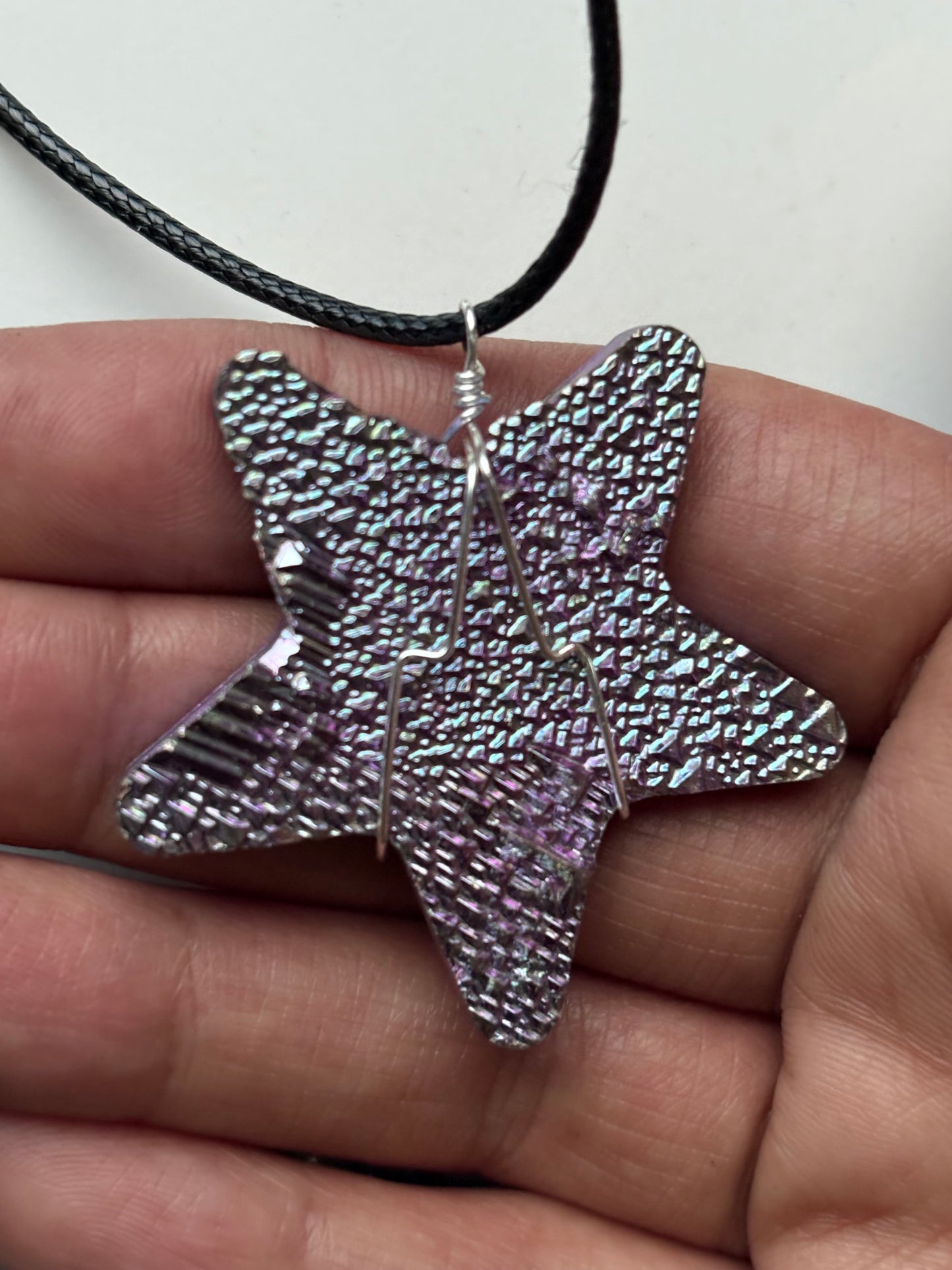 Purple Blue Bismuth Crystal Star Cut Out Metal Art Cord Necklace