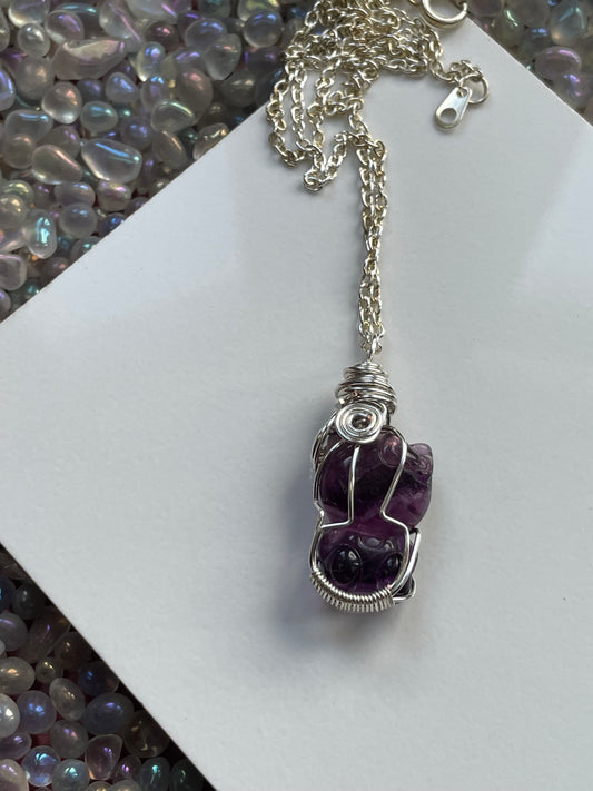 Fluorite Crystal Gemstone Hello Kitty Carving Silver Wire Wrap Necklace