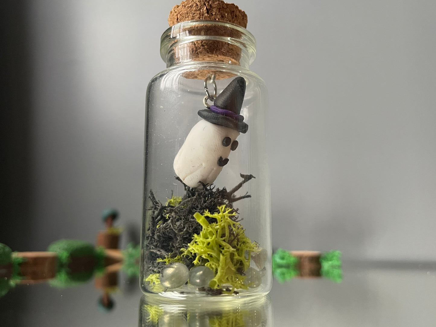 Floating Witchy Ghost In Garden Clay Glass Vial Art