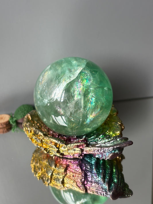 Rainbow Bismuth Crystal Angel Wing Dish / Sphere Holder Metal Art Sculpture