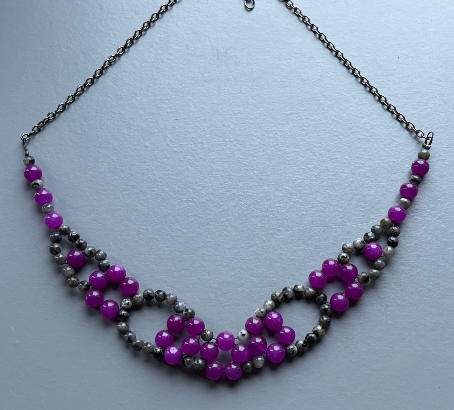Purple Quartz & Larvikite (black moonstone) Gemstone Beaded Collar Necklace