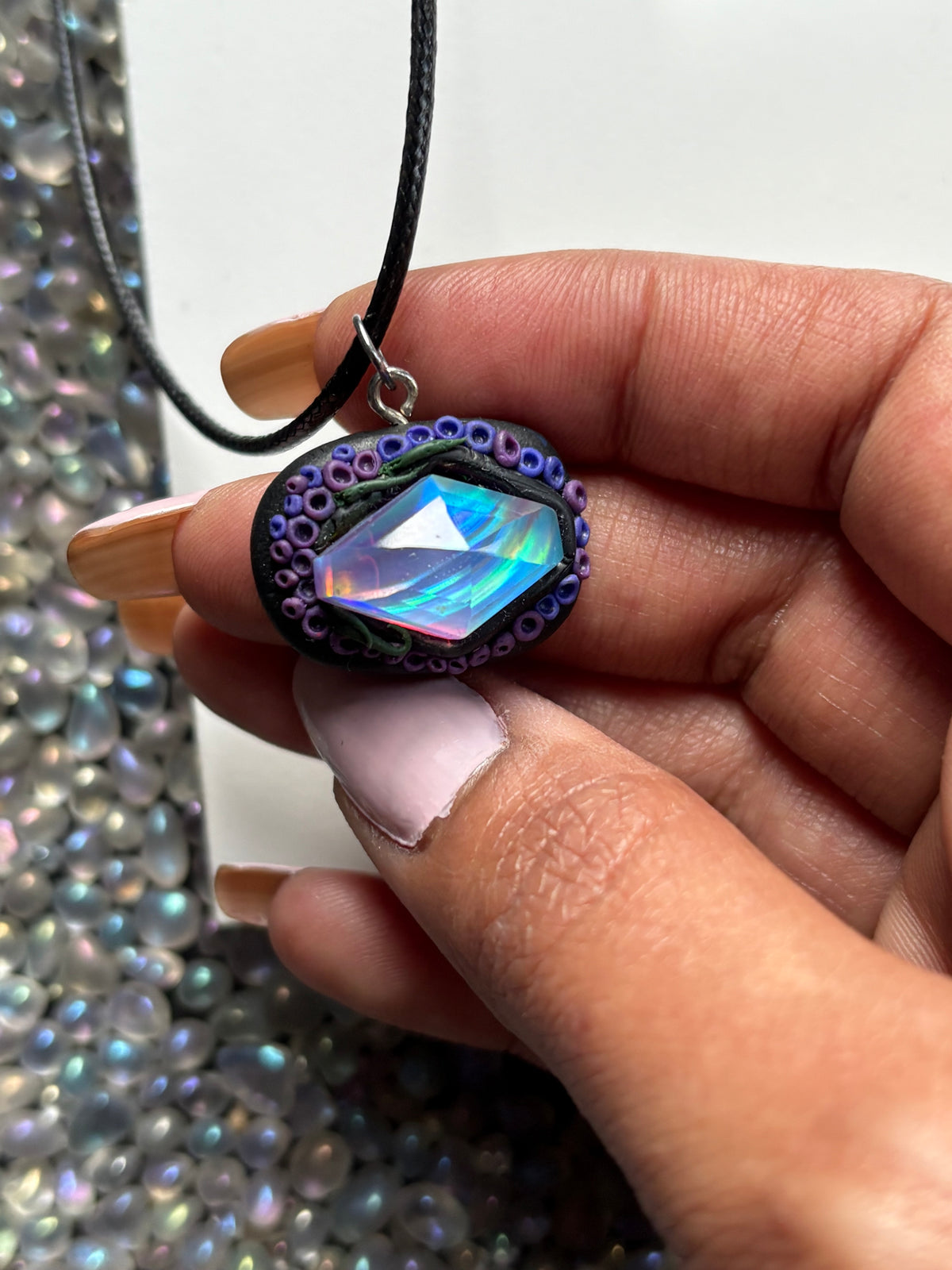 Kite Aurora Opal Doublet Crystal Gemstone Dark Purple Coral Necklace
