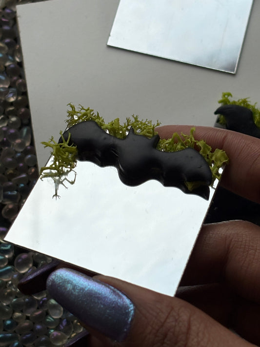 Enchanted Real Moss Black Bat Art Mini Mirror Sticker Tile