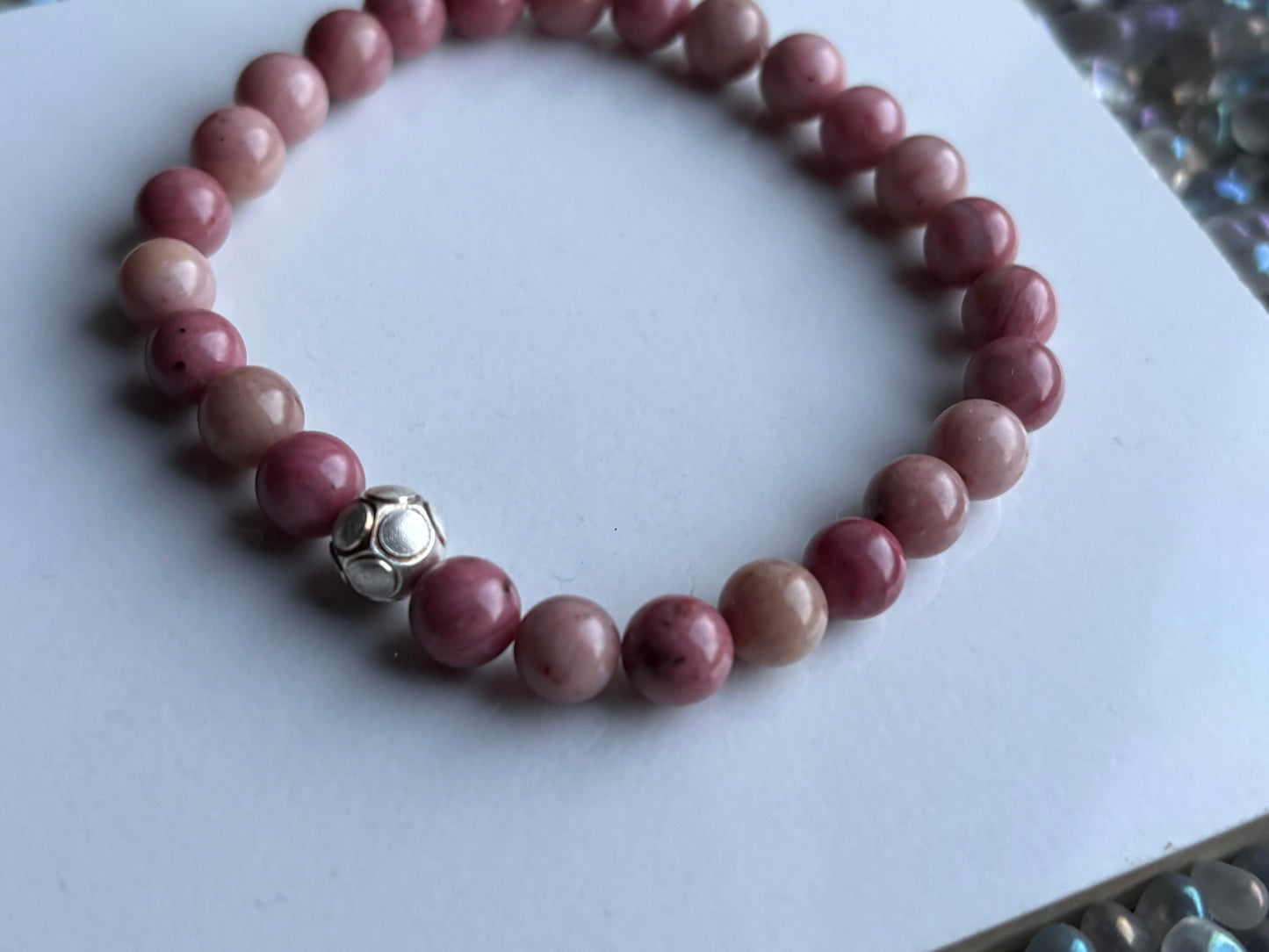 Rhodonite Crystal Gemstone Stretch Bracelet Sterling Silver