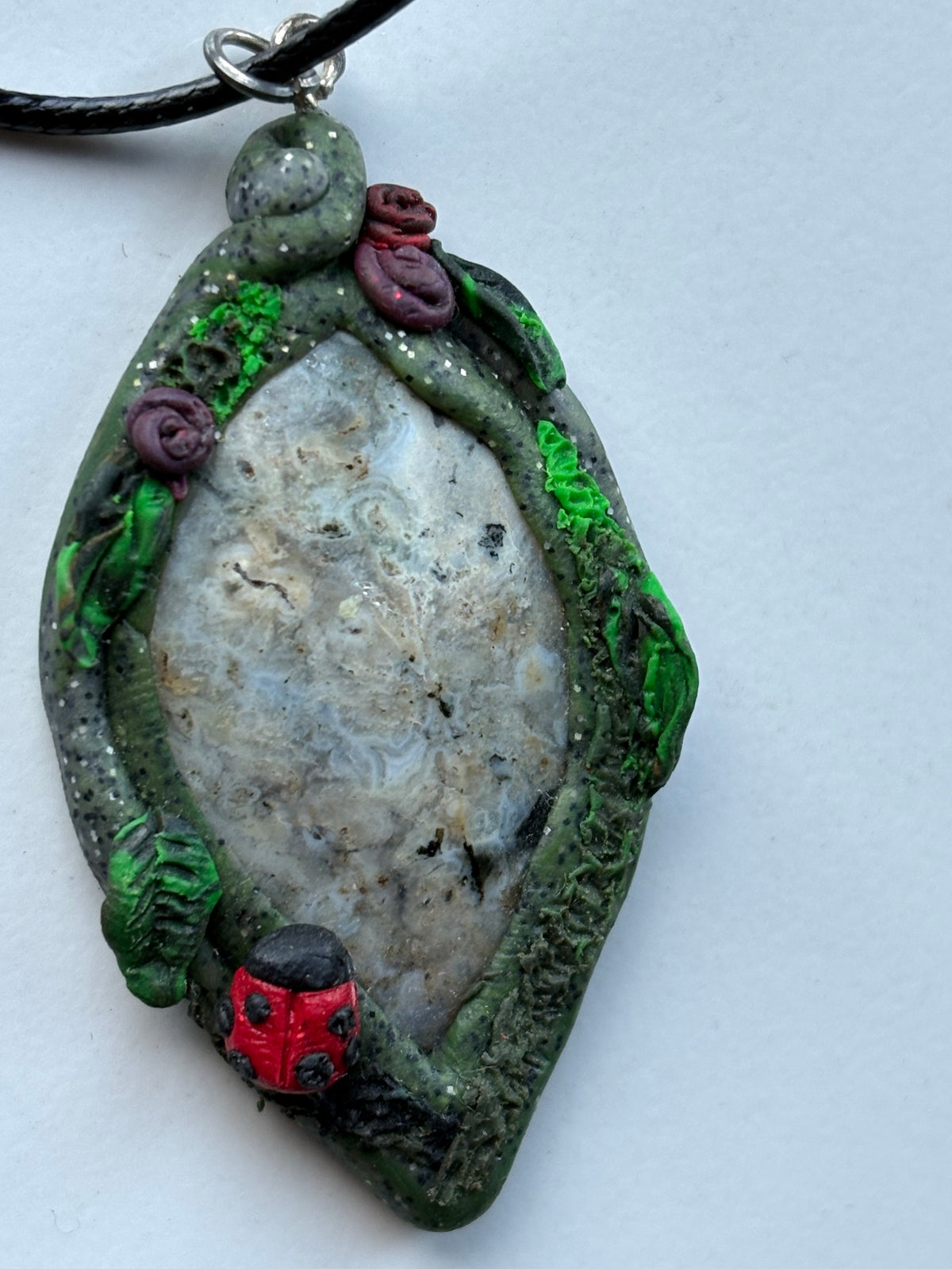 Ocean Jasper Gemstone Crystal Enchanted Garden - Ladybug Necklace - Oval