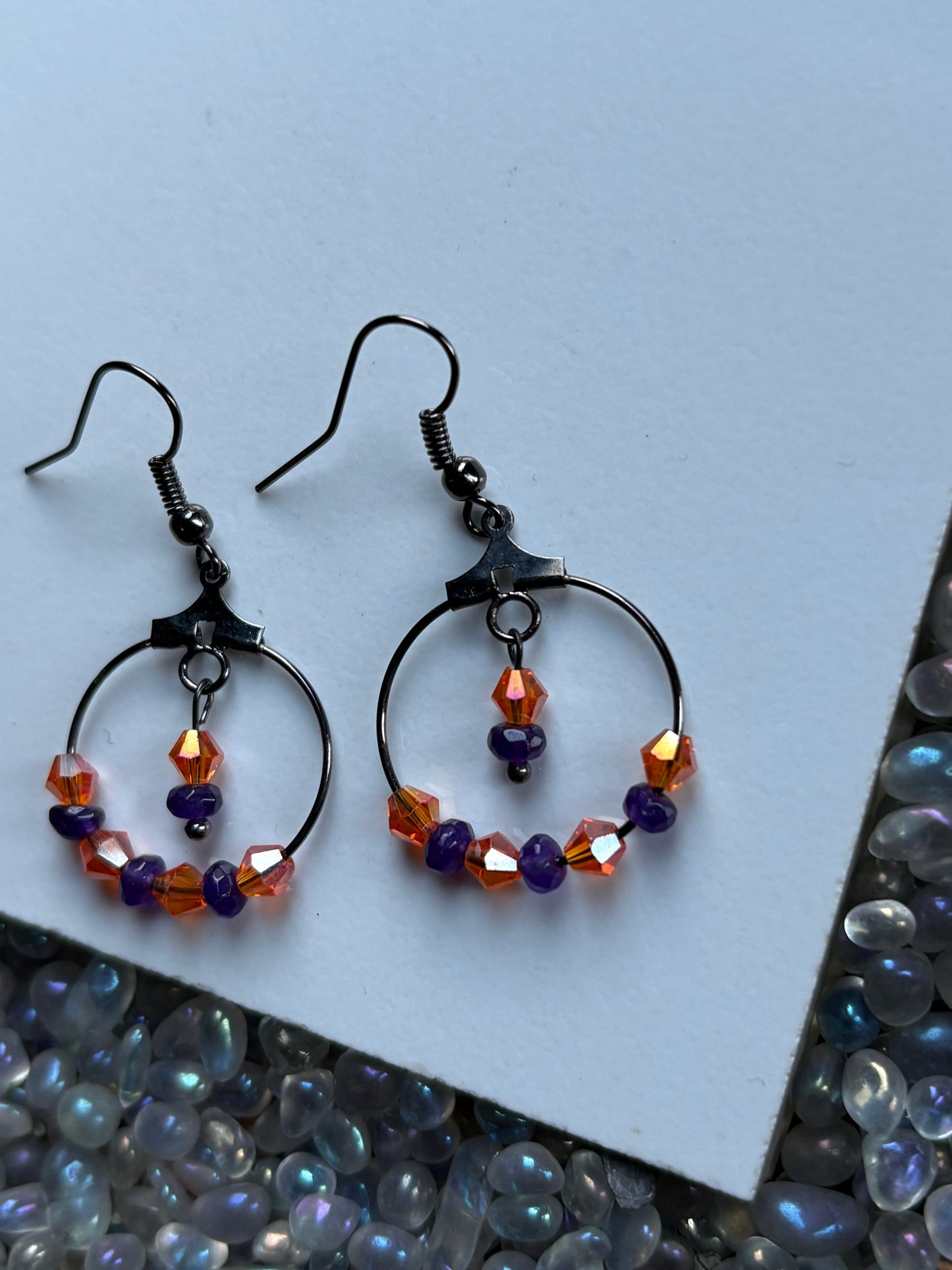 Purple Quartzite Gemstone & Orange Swarovski Crystal Hoop Black Earrings