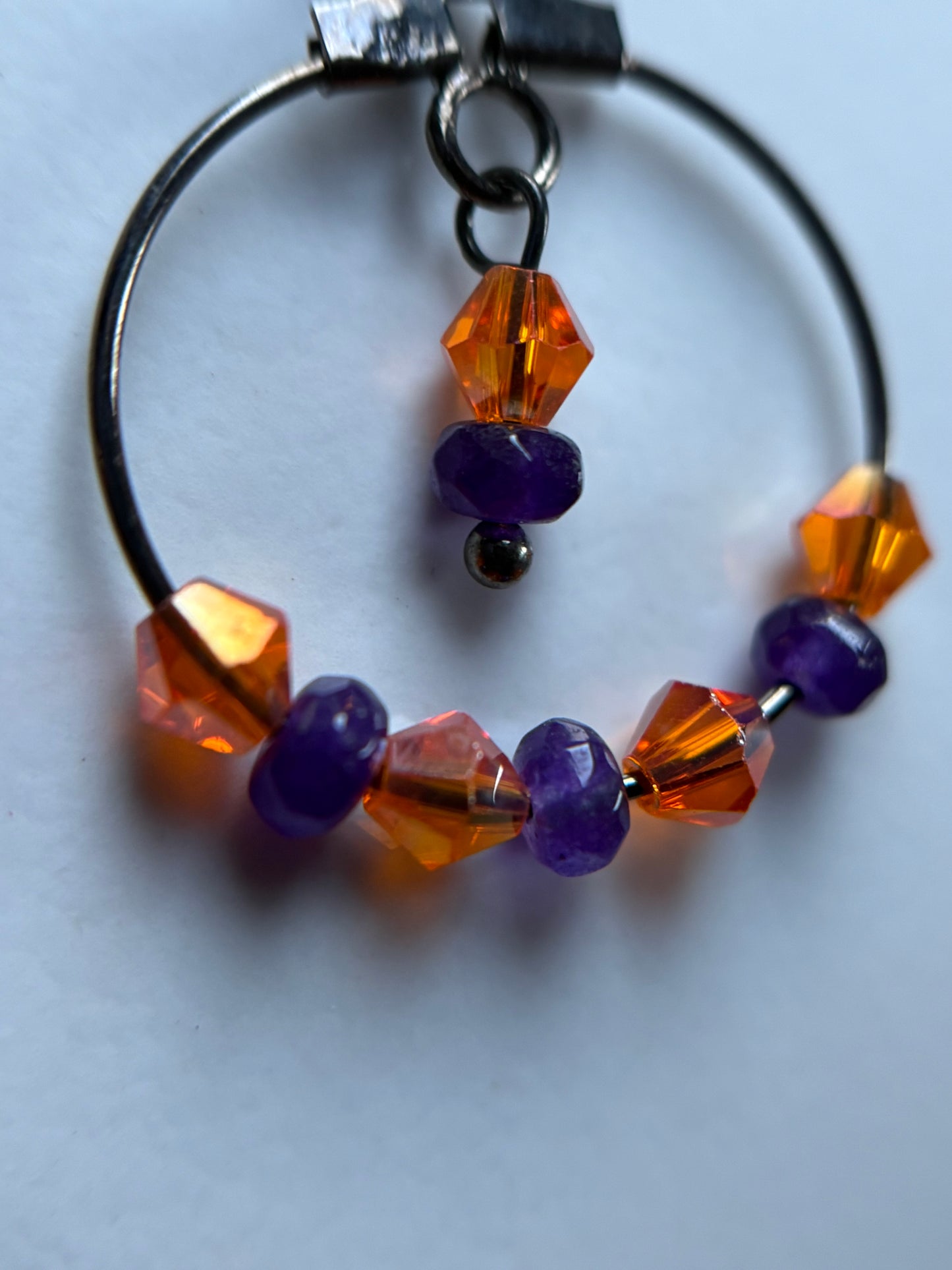 Purple Quartzite Gemstone & Orange Swarovski Crystal Hoop Black Earrings