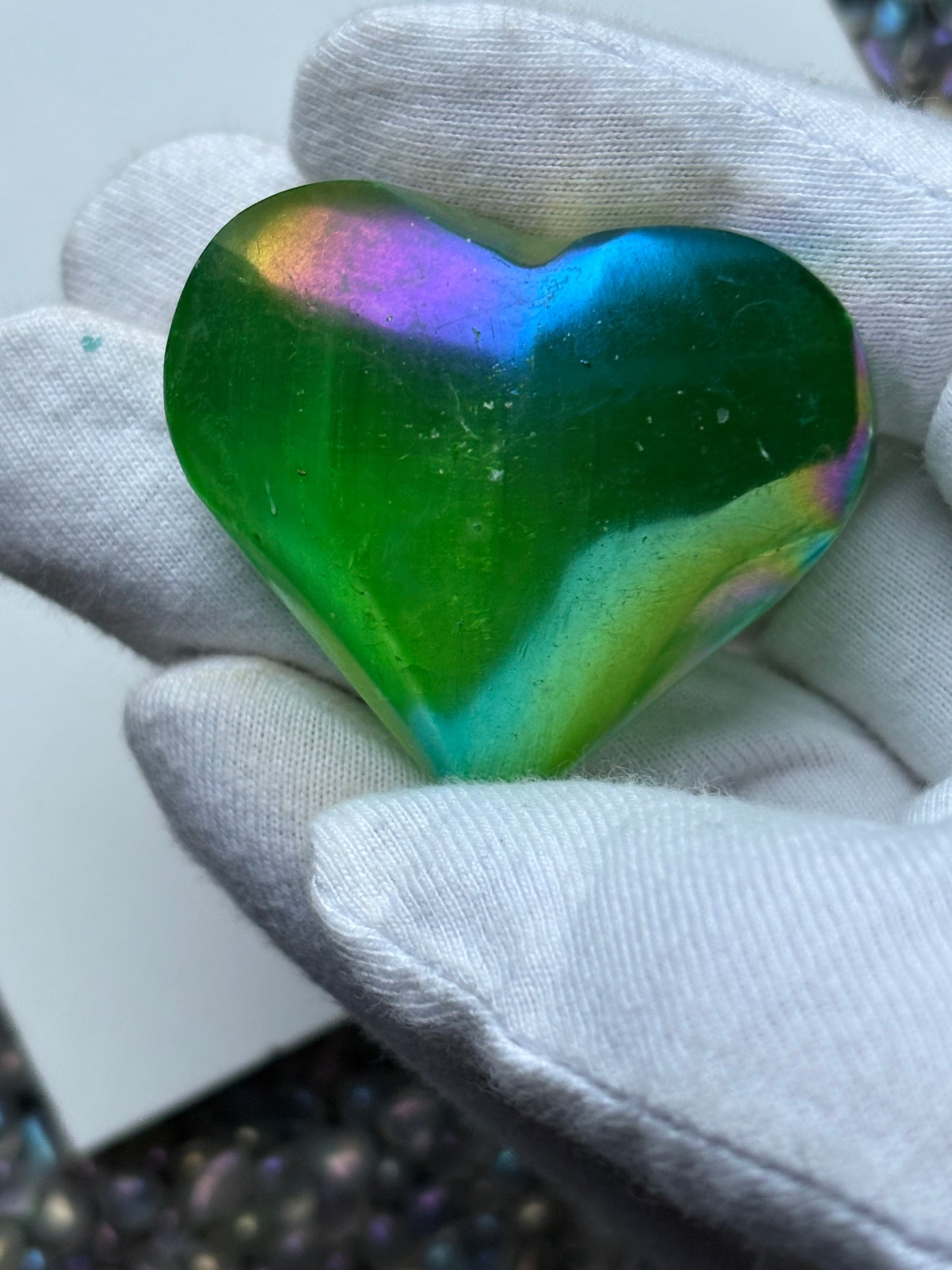 Green Aura Coated Selenite Satin Spar Crystal Gemstone Heart Carving