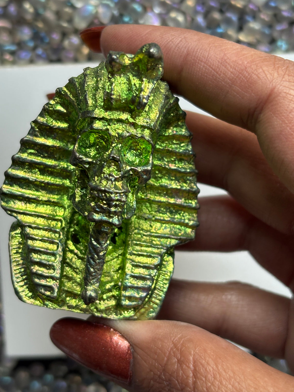 Green Bismuth Crystal King Tutankhamen Skull Metal Art Sculpture