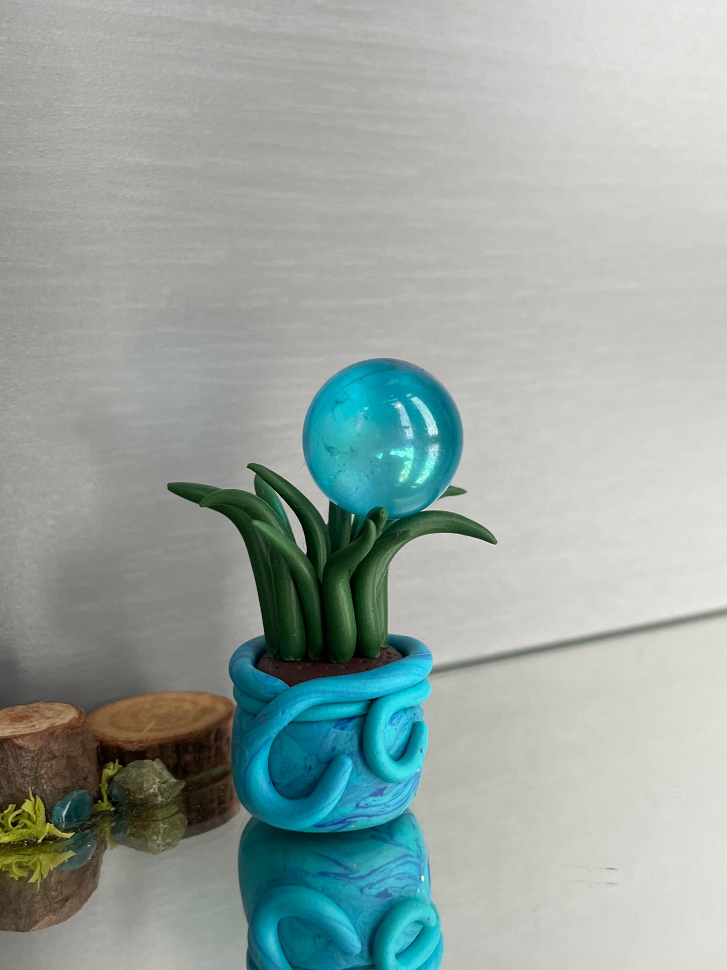Grassy Potted Plant Clay Sphere Mini Holder - Blue (2)