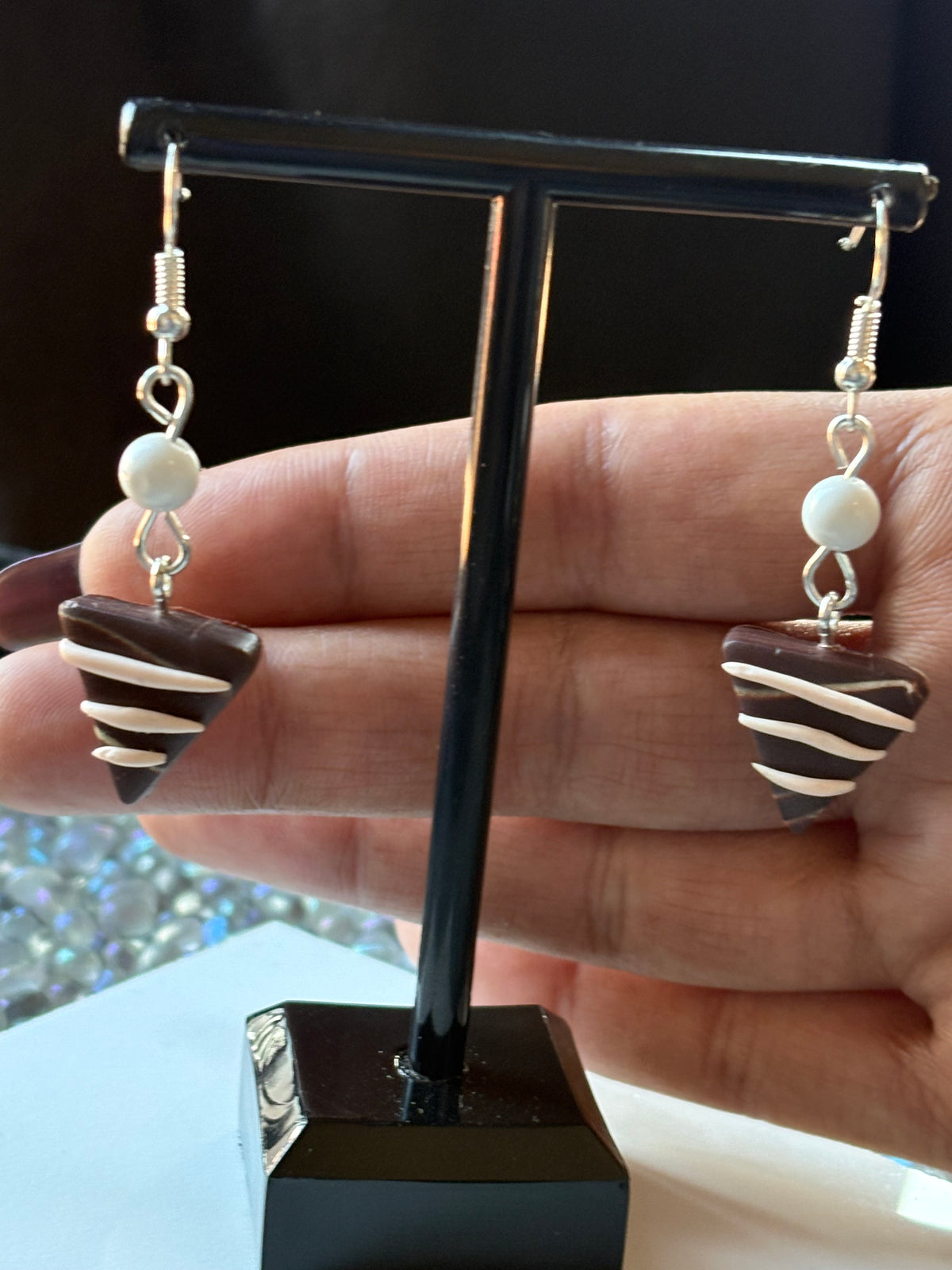 Chocolate Candy Triangle Clay & White Howlite Crystal Gemstone Silver Earrings
