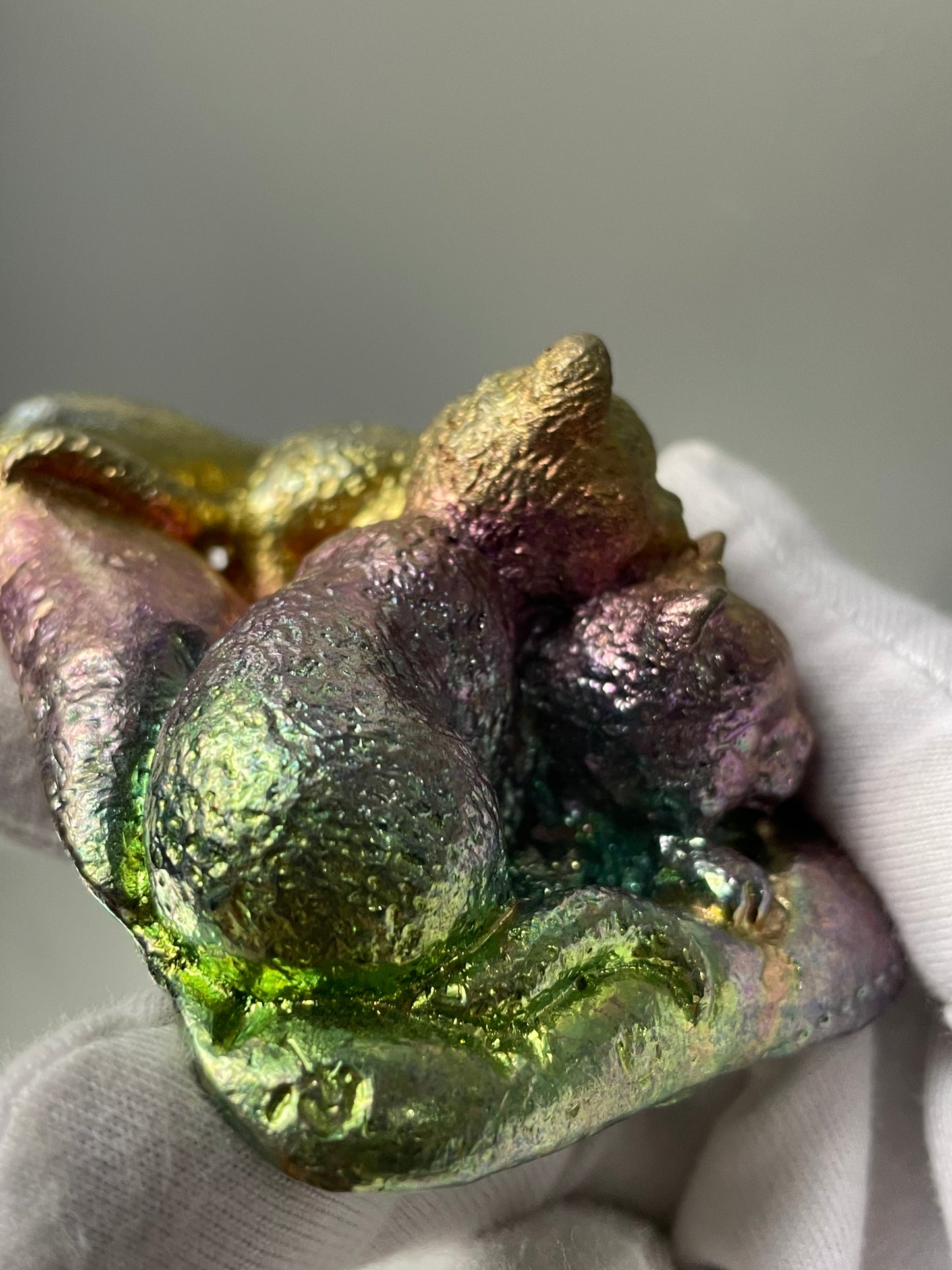 Rainbow Bismuth Crystal Sleeping Cats Metal Art Sculpture