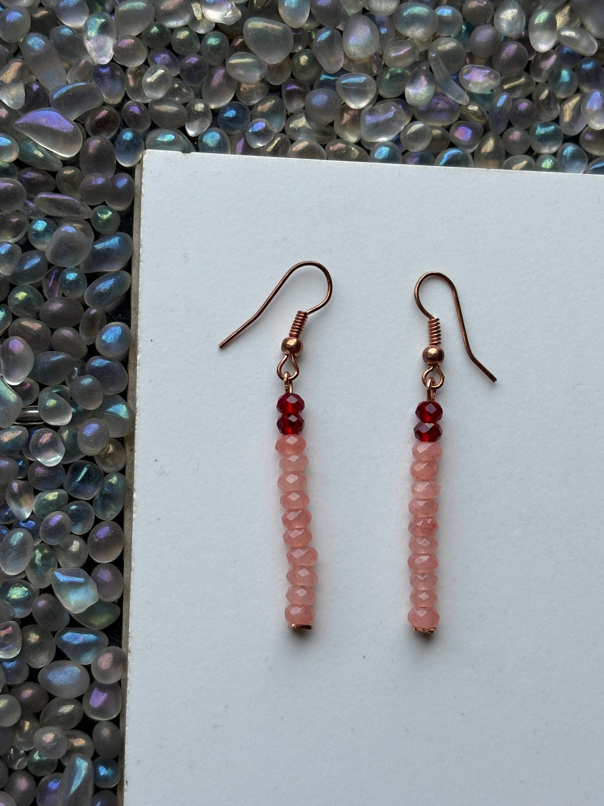 Peach Quartzite Gemstone Rondelle & Red Crystal Rose gold Earrings