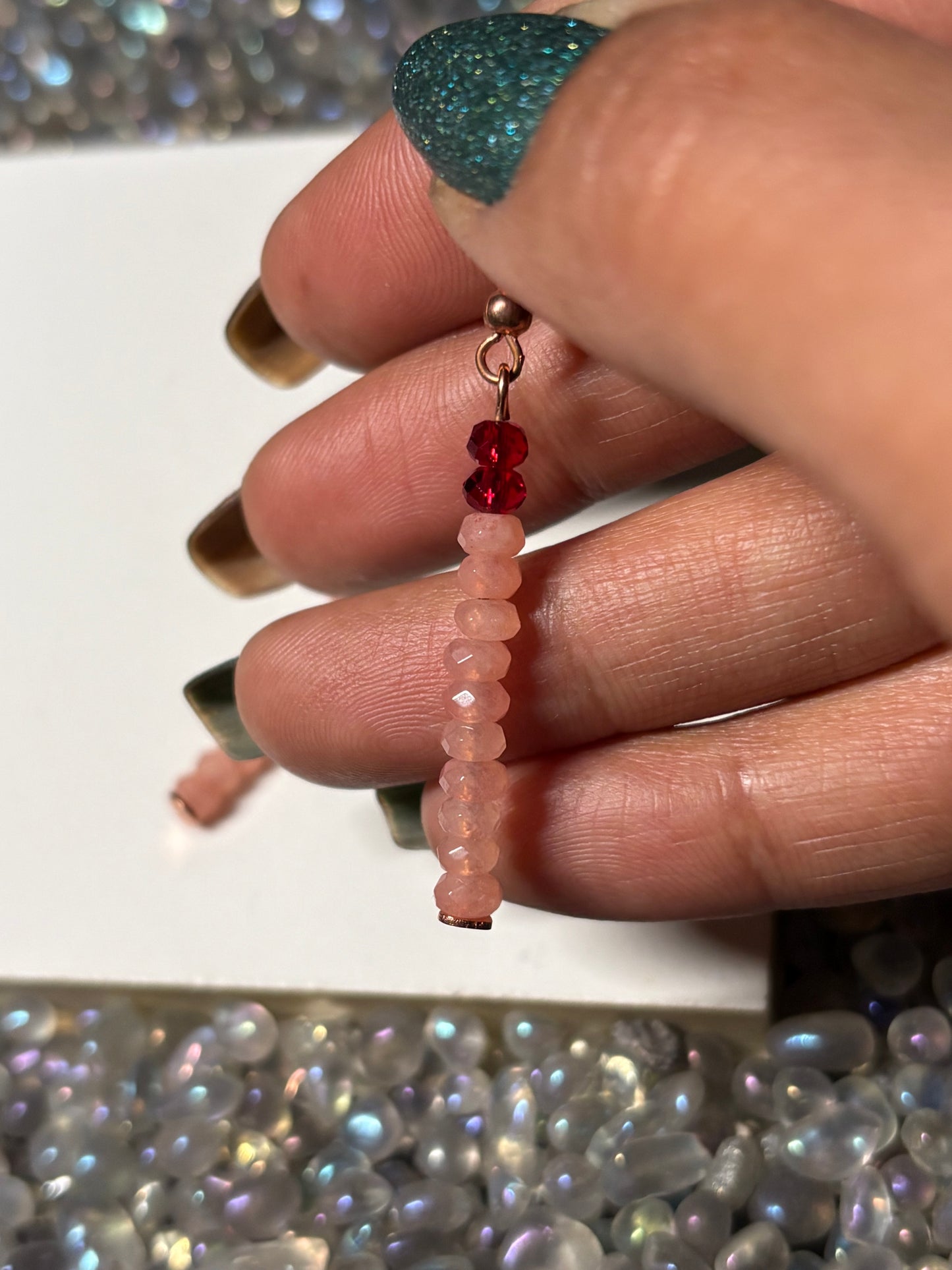 Peach Quartzite Gemstone Rondelle & Red Crystal Rose gold Earrings
