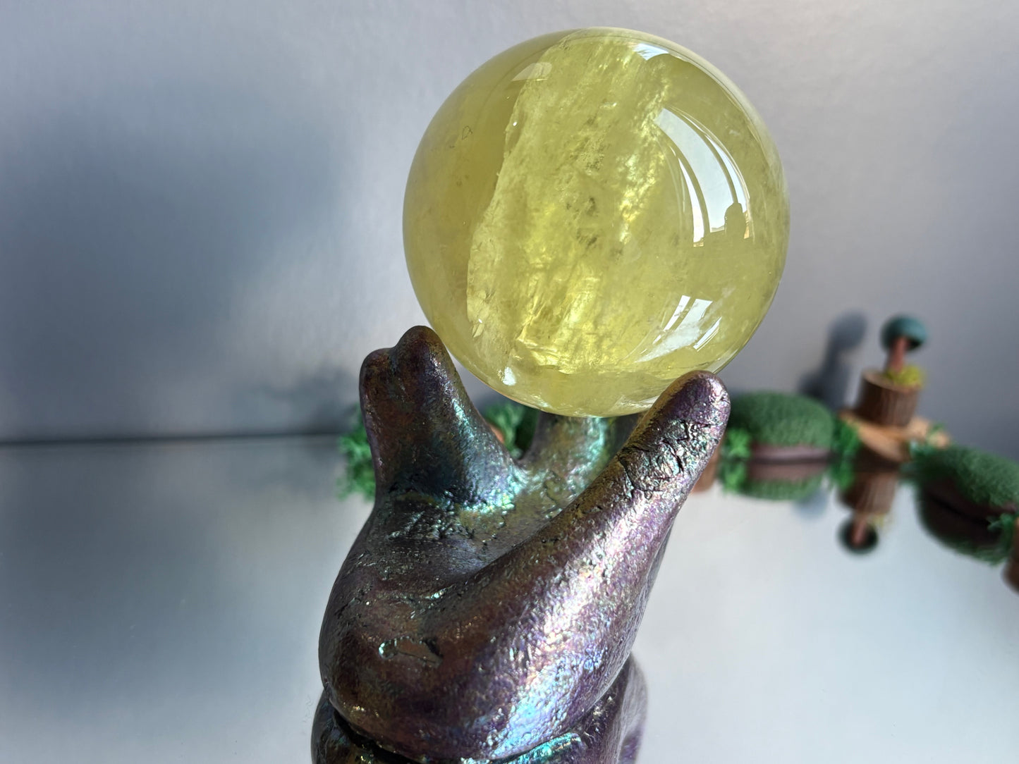 Purple Blue Bismuth Crystal Hand Sphere Holder - Metal Art Sculpture