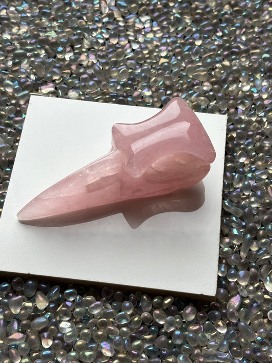 Rose Quartz Gemstone Crystal Raven Skull Carving - Large