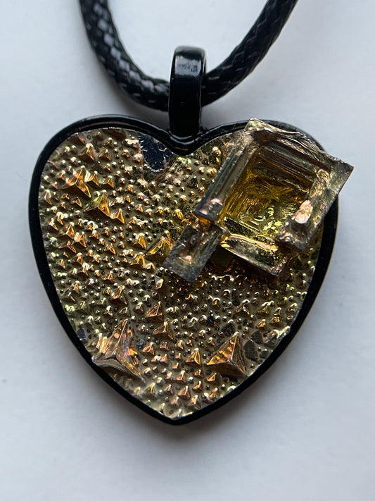 Gold Bismuth Heart Crystal Metal Art Cord Necklace