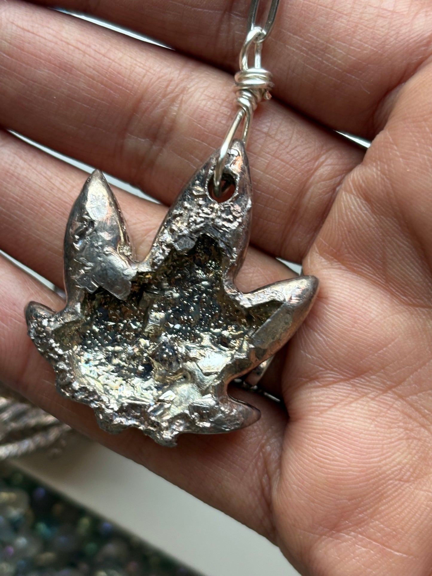 Silver Bismuth Crystal Silver Haze Leaf Necklace (2)