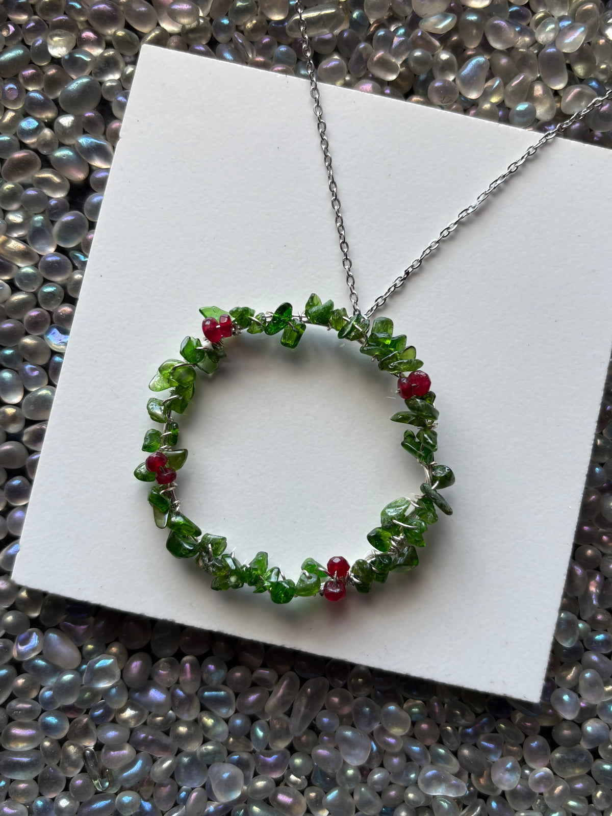 Diopside Crystal Gemstone Leafy Wreath pendant silver Necklace (Certified)