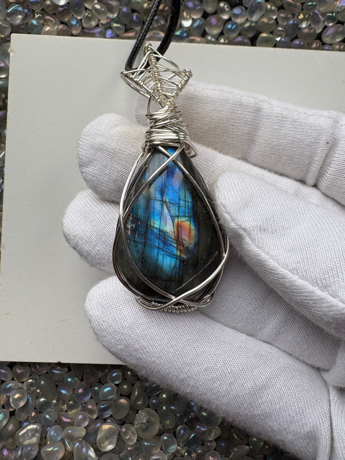 Blue Labradorite Crystal Gemstone Silver Wire Necklace