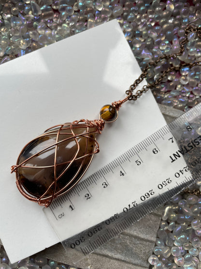 Dendritic Agate & Tigers Eye Crystal Gemstone Wire Wrapped Necklace