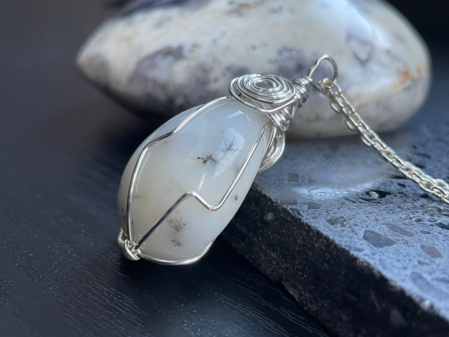 Dendritic Opal Agate Crystal Gemstone Wire Wrapped Necklace (2)