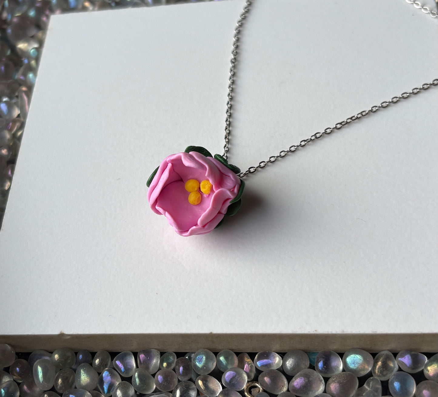 Pink Peony Flower Clay Silver Necklace