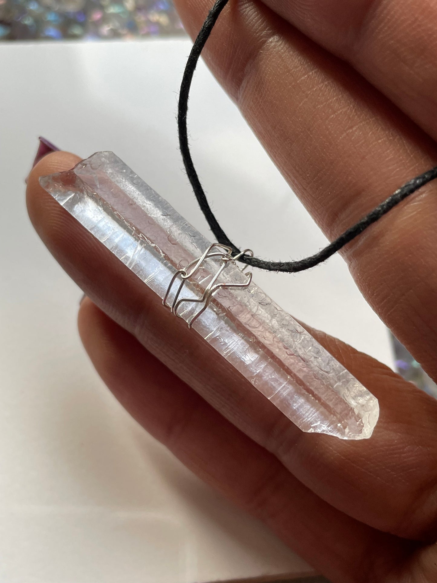 Singing Lemurian Quartz Crystal Gemstone Wire Wrap Necklace - Silver