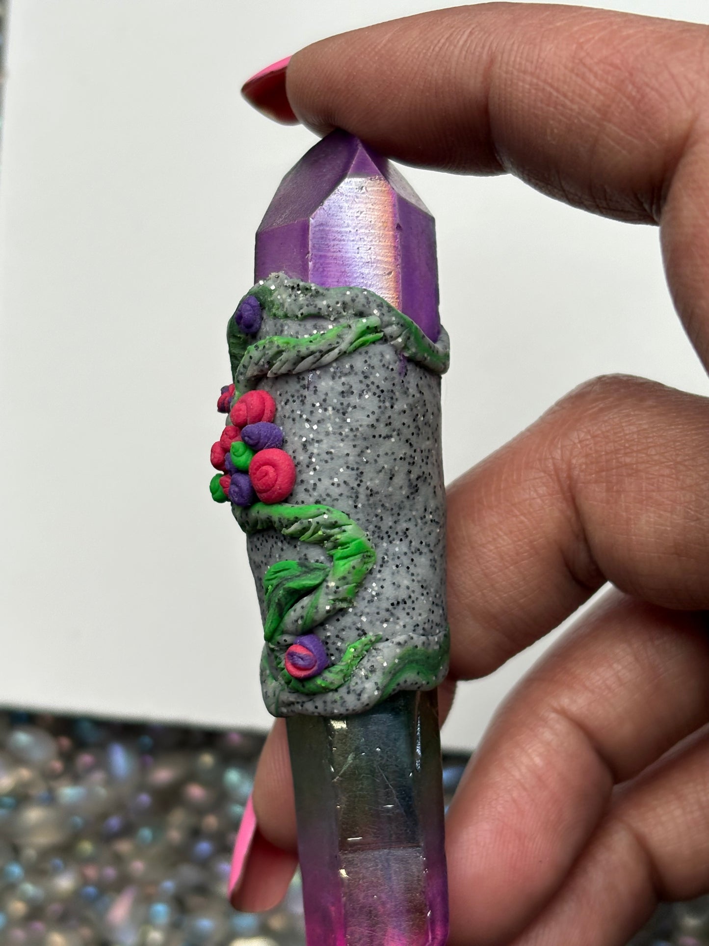 Purple Pink Green Aura Quartz Crystal Gemstone Granite Rose Flower Clay Wand - English Rose