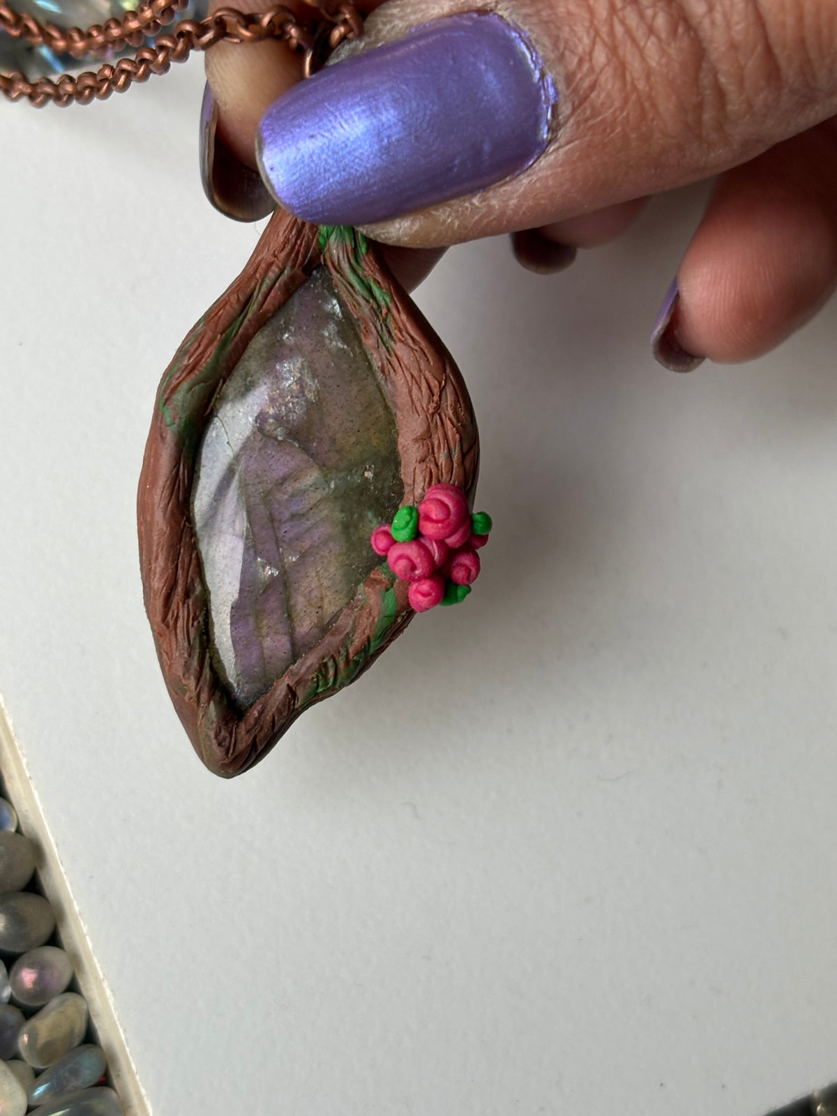 Purple Labradorite Crystal Gemstone Enchanted Rose Forest Clay Pendant Necklace