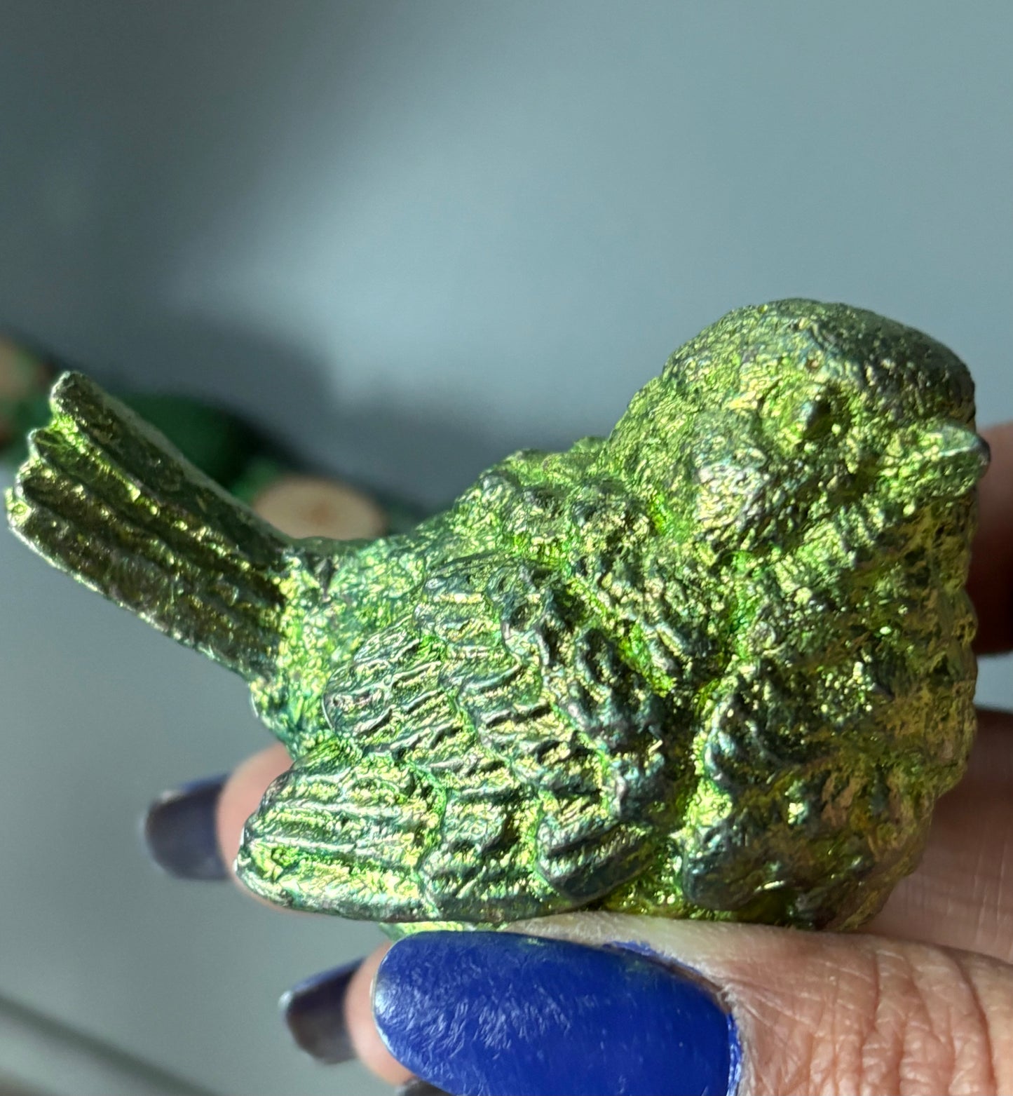 Green Bismuth Crystal Wren Song Bird Metal Art Sculpture