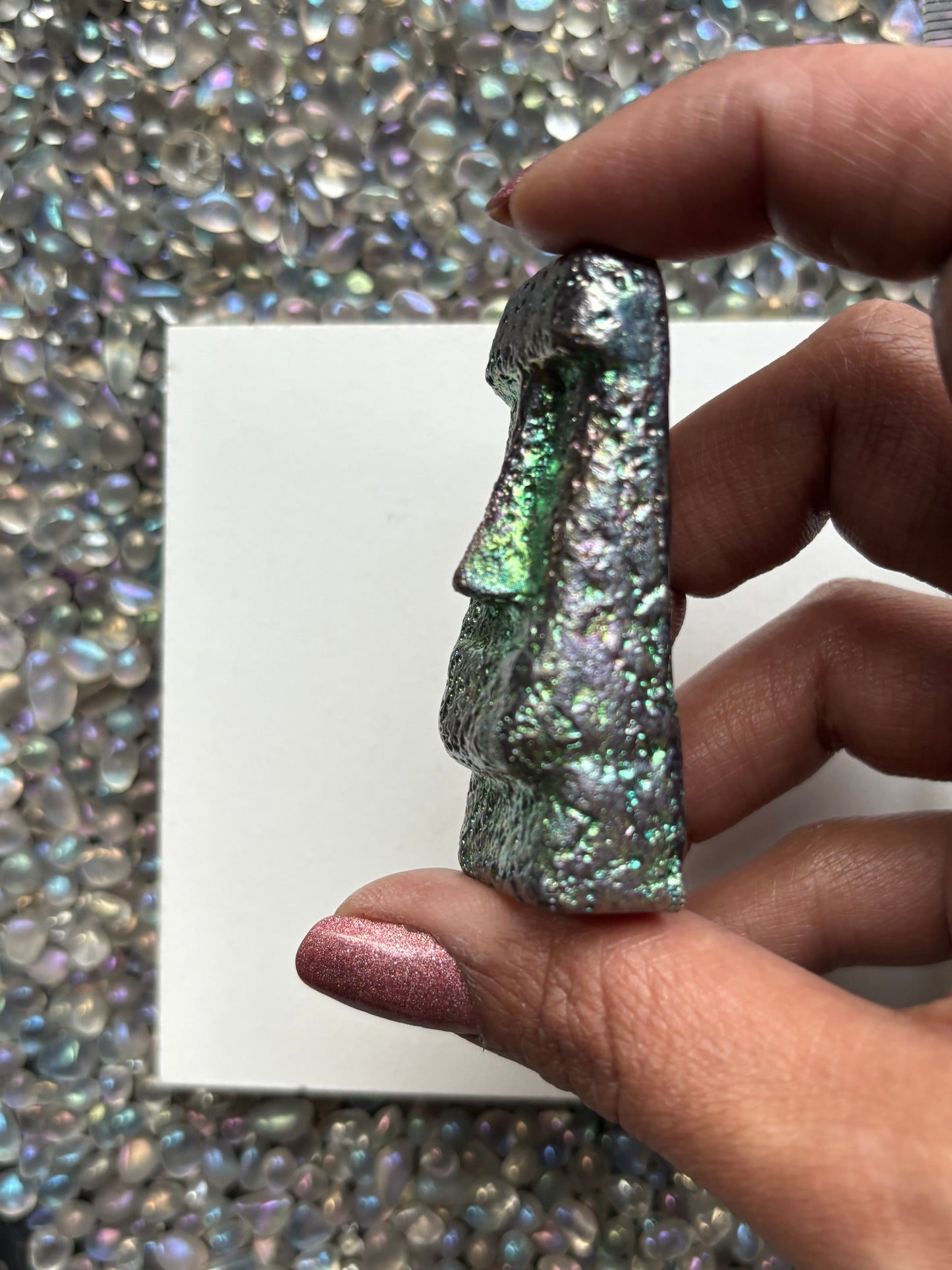 Teal Green Bismuth Crystal Moai Head Easter Island Metal Art Sculpture