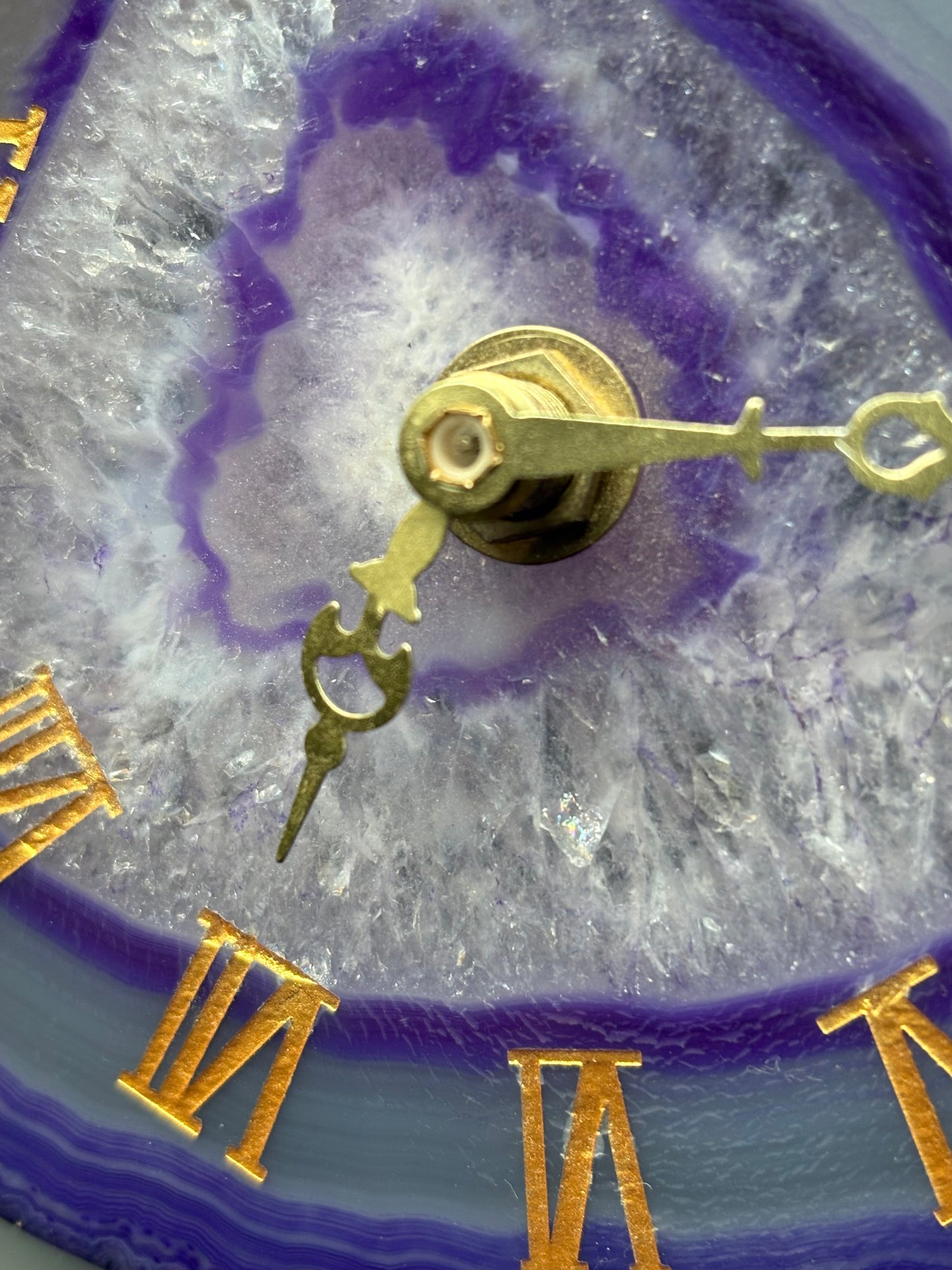 Purple Agate Slice Crystal Gemstone Gold Clock