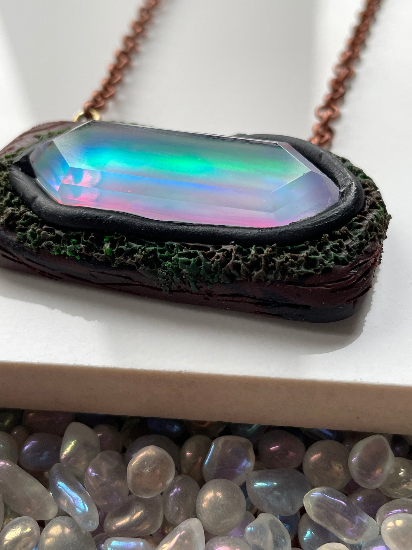 Elongated Aurora Opal Doublet Crystal Gemstone - Enchanted Forest Necklace