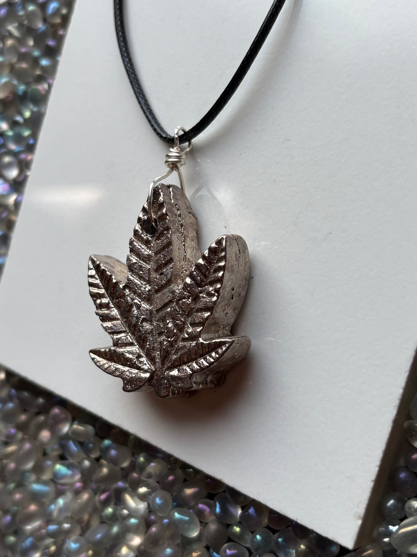 Silver Bismuth Crystal Silver Haze Leaf Necklace (1)