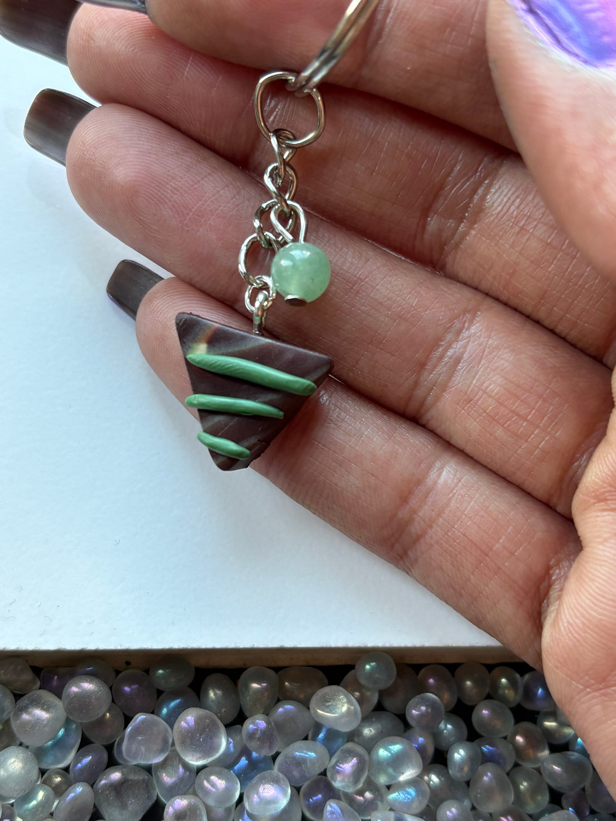 Chocolate Candy Triangle Clay & Green Aventurine Crystal Gemstone Keychain
