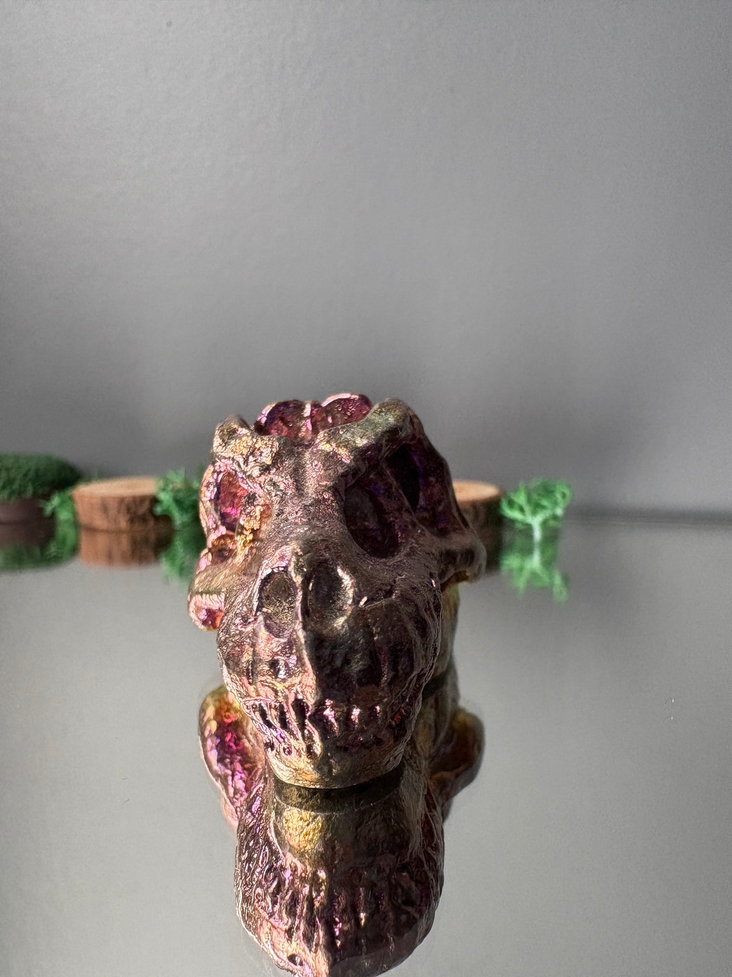 Pink Gold Bismuth Crystal Small Trex Skull Metal Art Sculpture