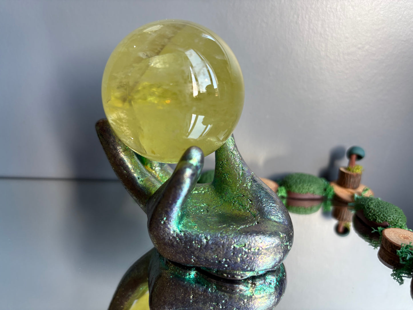 Teal Bismuth Crystal Hand Sphere Holder - Metal Art Sculpture