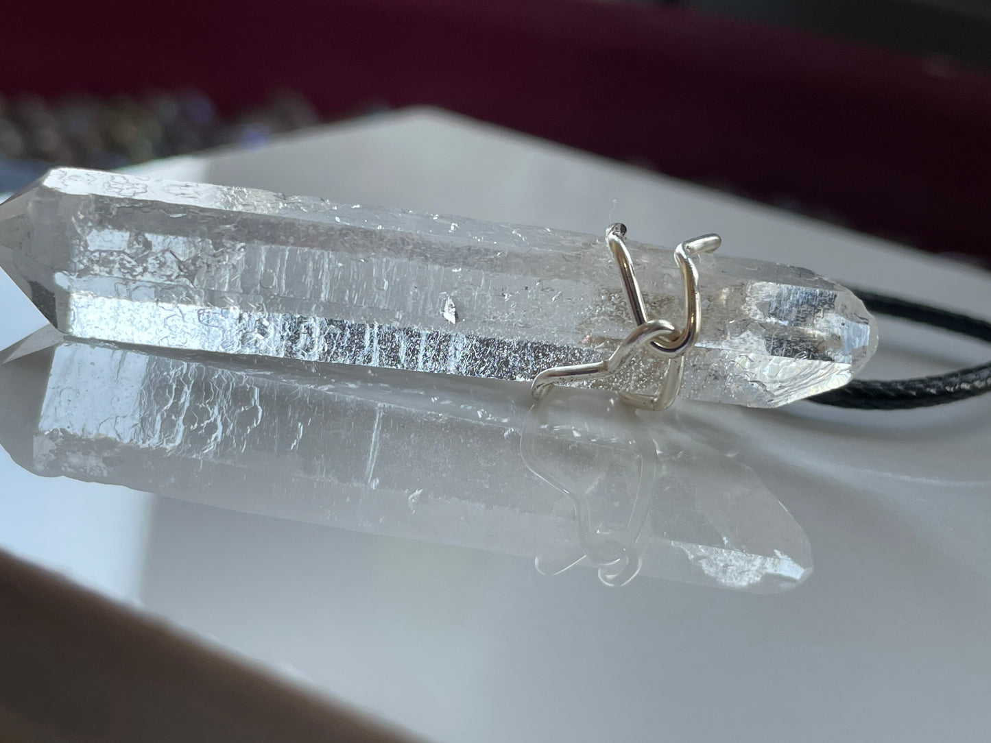 Lemurian Quartz Crystal Gemstone Wire Wrap Necklace - Silver