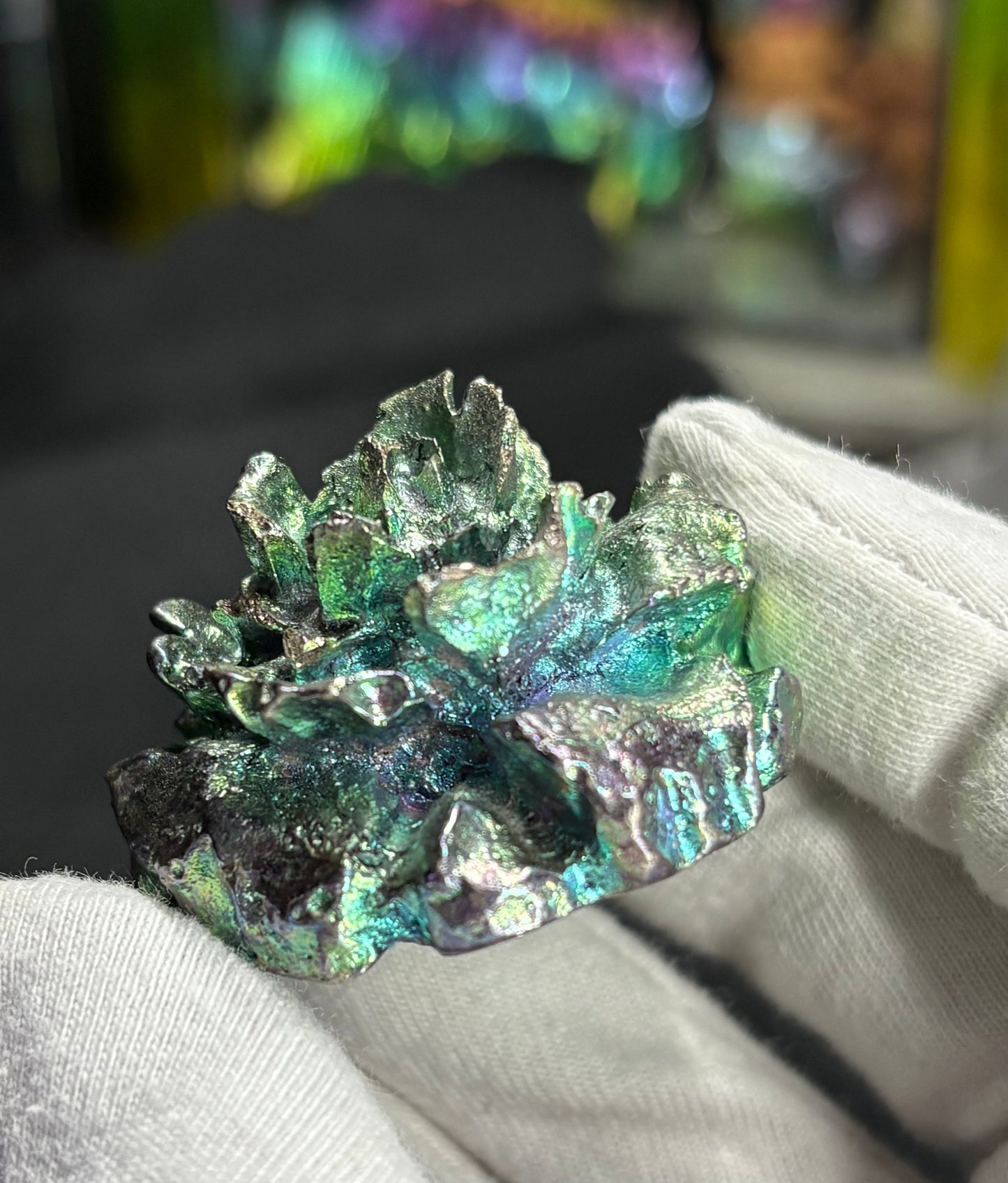 Teal Bismuth Crystal Small Rose Flower Metal Art Sculpture