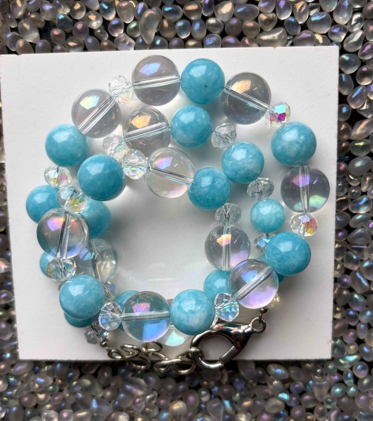 Blue Quartz Gemstone & Aura Coated Glass Crystal Beaded Silver Chunky Necklace