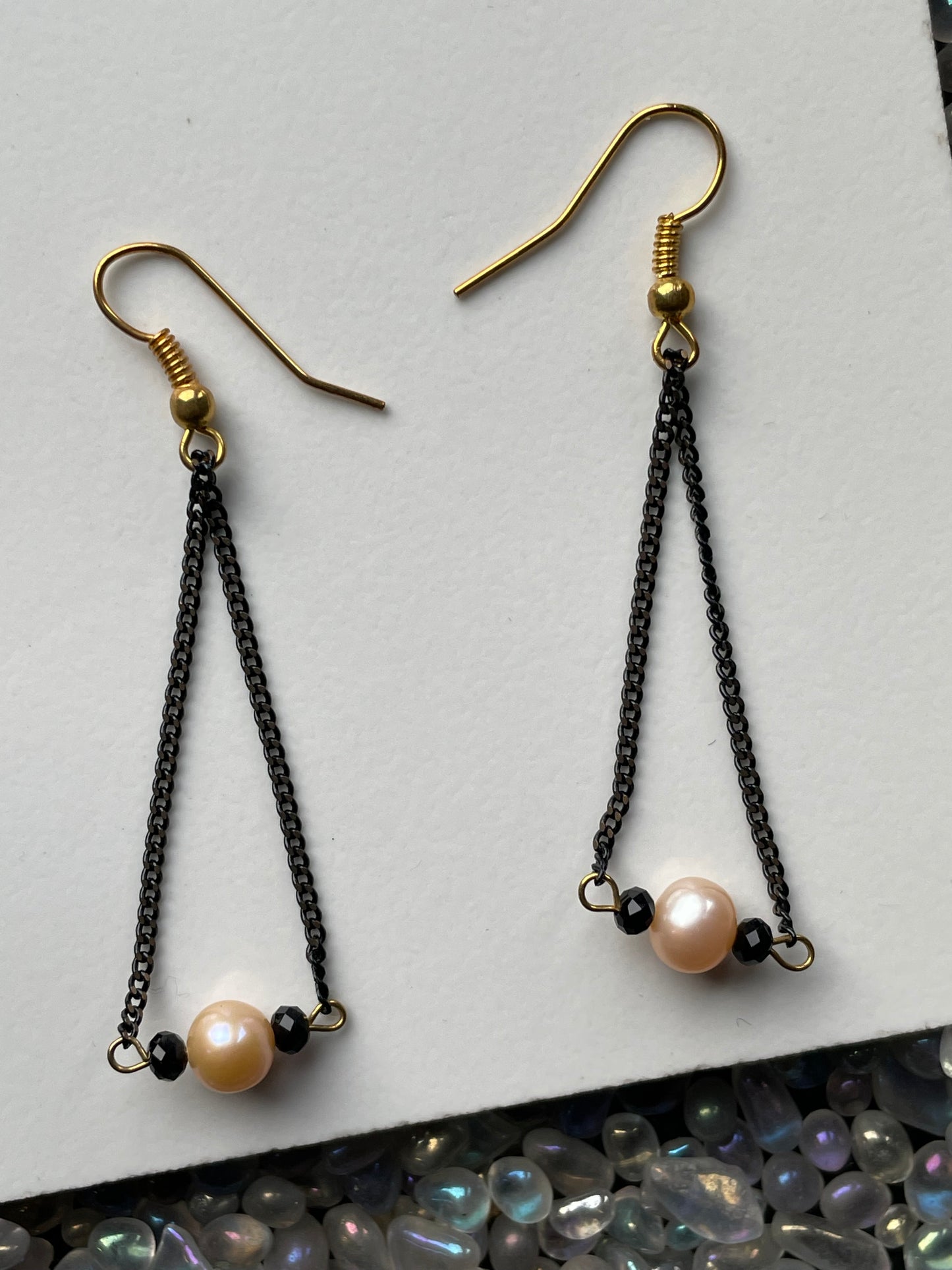 Peach Pearl & Black Spinel Crystal Gemstone Black Gold Chain Earrings (Certified)